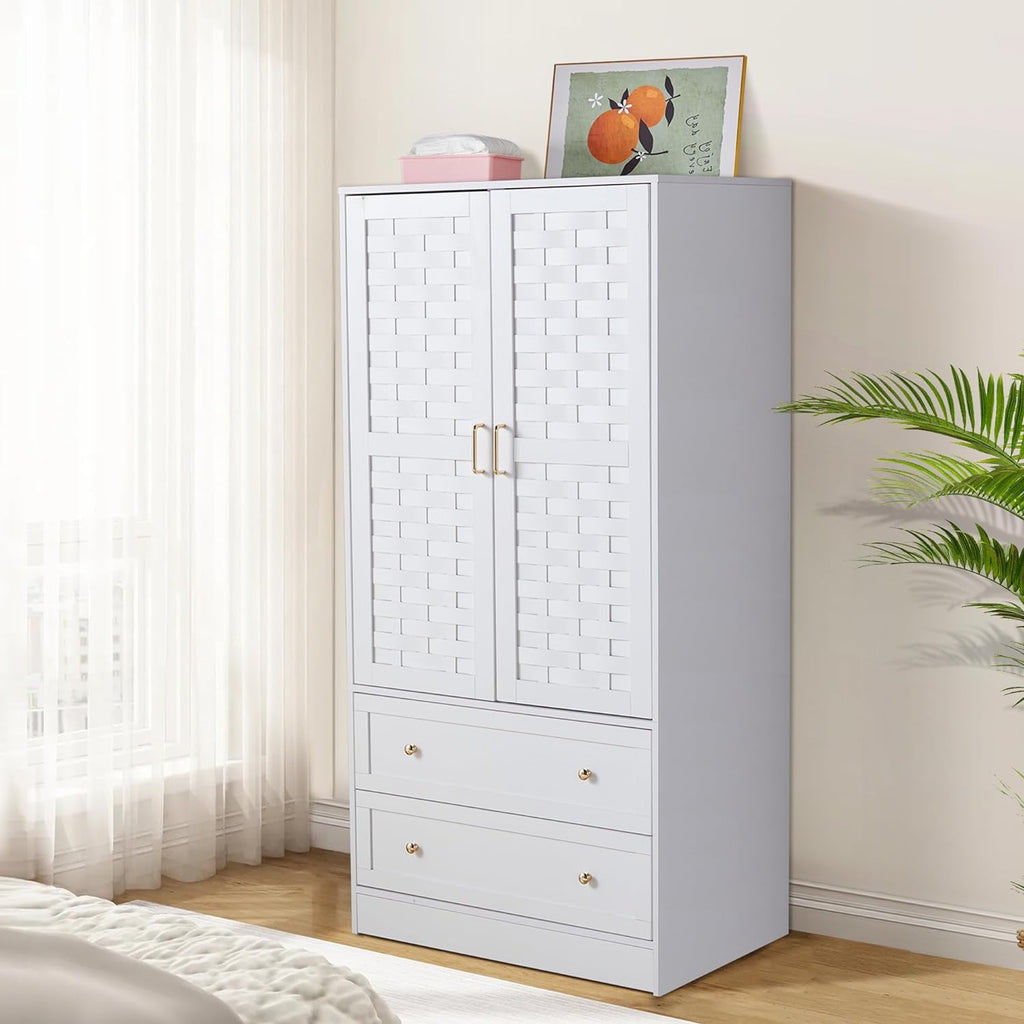 Wirrytor Freestanding Wooden Armoire Wardrobe with 2 Woven Doors and Storage Drawers, Space-Saving Closet Cabinet for Bedroom, Sturdy Mdf Board Closet with Hanging Rail