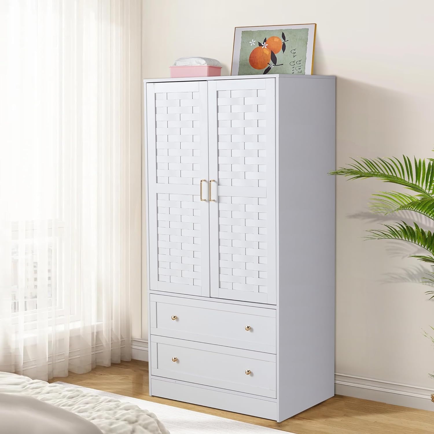 Wirrytor Freestanding Wooden Armoire Wardrobe with 2 Woven Doors and Storage Drawers, Space-Saving Closet Cabinet for Bedroom, Sturdy Mdf Board Closet with Hanging Rail