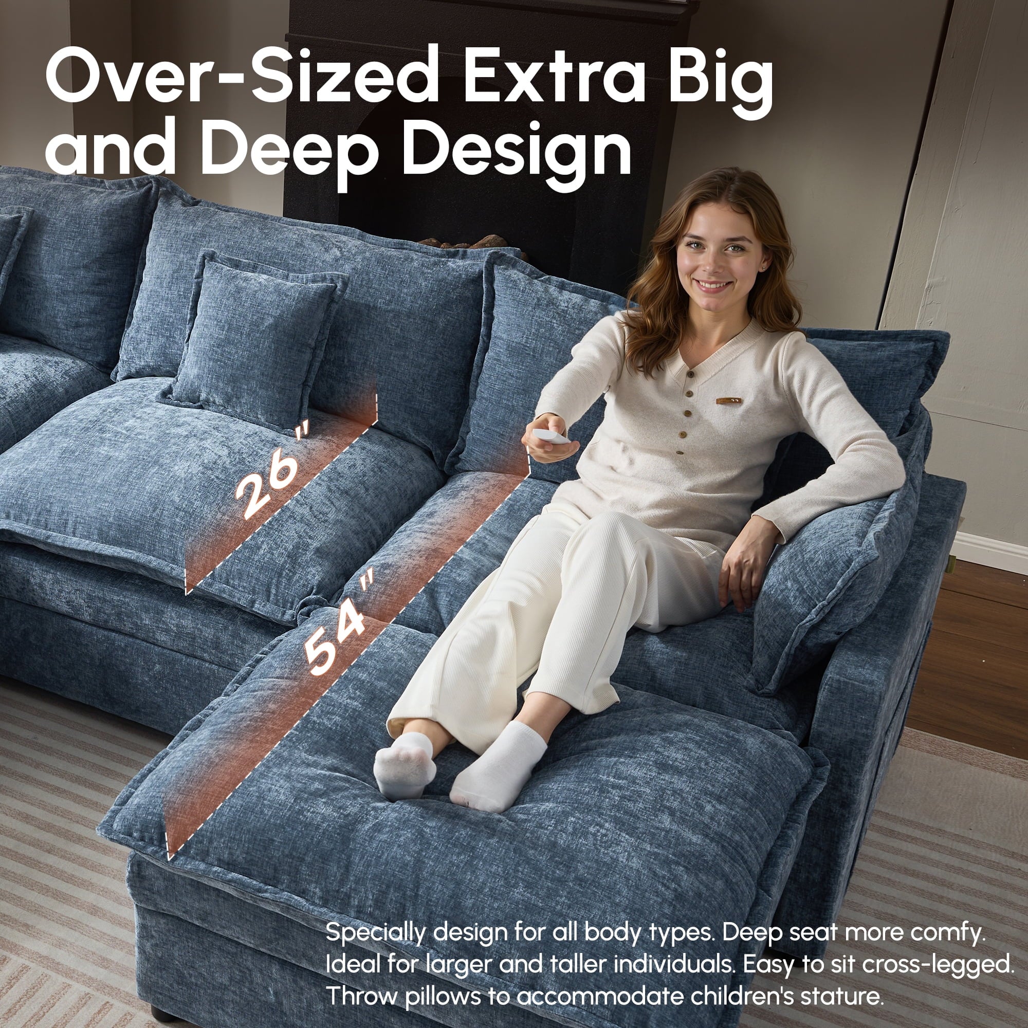 Ovios 108 Modular Sectional Sofa U-Shaped Cloud Couch with 2 Ottomans, Comfy Living Room Furniture, Chenille, Dark Blue