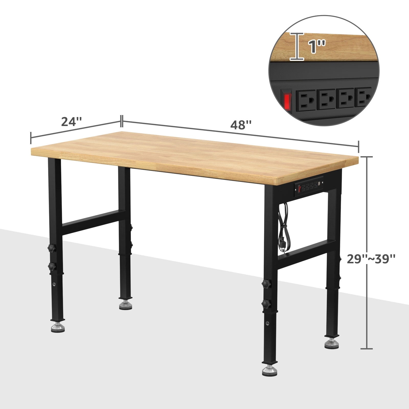 60 Adjustable Workbench,Heavy-Duty Work Table,3000 LBS Load Capacity Hardwood Workstation Outlets with Power strips and Wheels,for Workshop, Garage