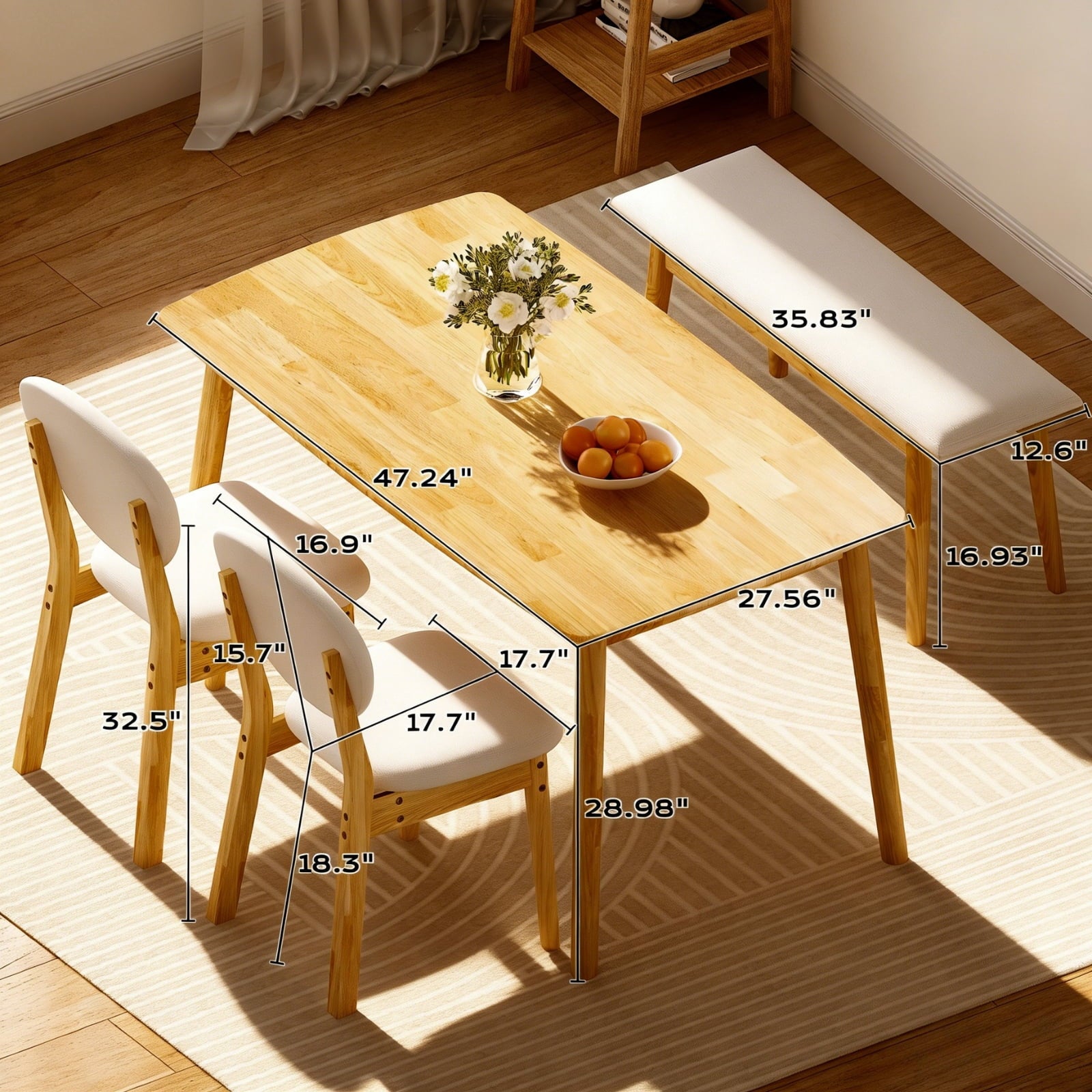 Ktaxon Solid Wood Dining Table Set for 4, Mid-Century Dining Room Table with 2 Padded Chairs & Bench, 47.3 Dining Room Set for 4 Family Use, Natural