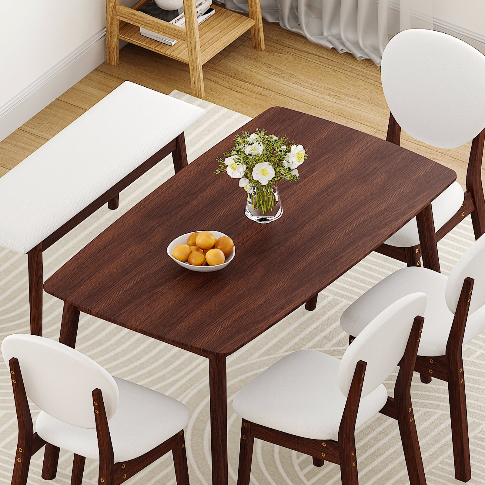 Ktaxon Solid Wood Dining Table Set for 6, Mid-Century Dining Room Table with 4 Padded Chairs & Bench, 47.3 Dining Room Set for 4~6 Family Use, Natural Wood