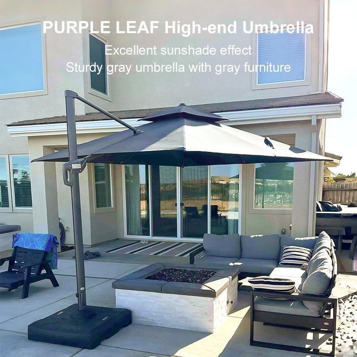PURPLE LEAF Cantilever Umbrellas 12FT Square Large Patio Umbrella Offset Umbrella with 360°Rotation Tilting And Hanging Double Top, Grey