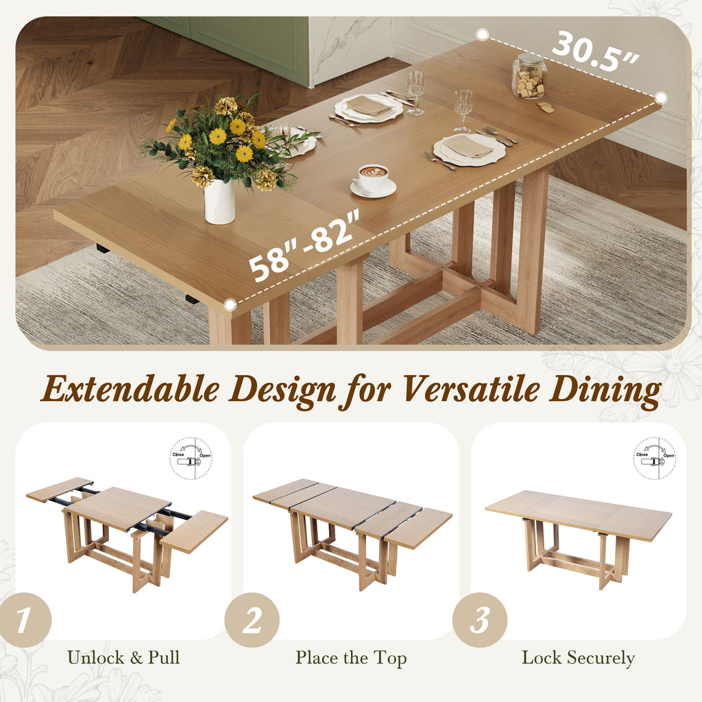 Harper & Bright Designs 7 Pieces Retro Dining Set for 6, Wood Rectangular Table with Designed Trestle Base and 6 Upholstered Chairs for Dining Room and Kitchen, Grey