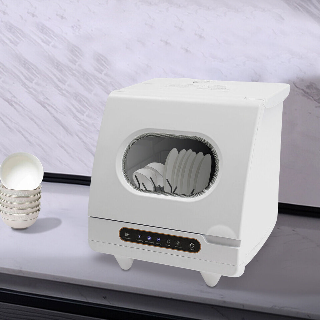 1200W Portable White Countertop Dishwasher Compact Dishwasher 5 Washing Programs
