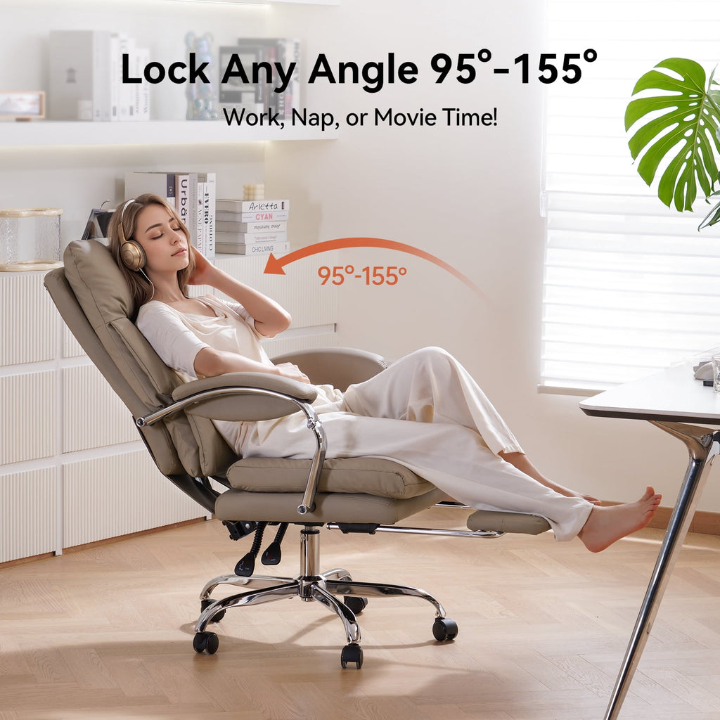 LEAGOO Reclining Office Chair with Foot Rest, Executive Office Chairs with Arms, Ergonomic High Back PU Leather Comfy Swivel Computer Desk Chairs with Wheels and Lumbar Support for Home Office, White