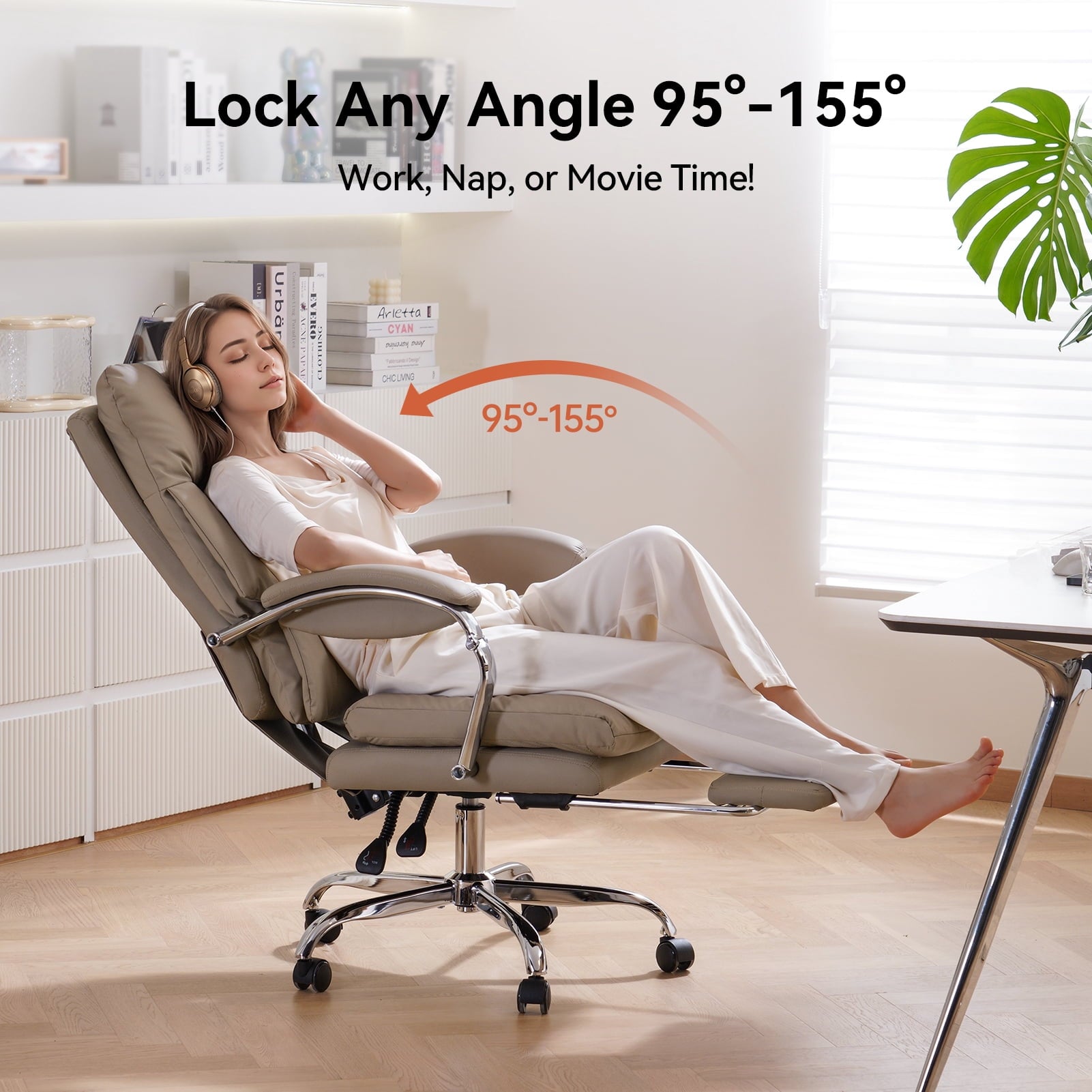 LEAGOO Reclining Office Chair with Foot Rest, Executive Office Chairs with Arms, Ergonomic High Back PU Leather Comfy Swivel Computer Desk Chairs with Wheels and Lumbar Support for Home Office, White