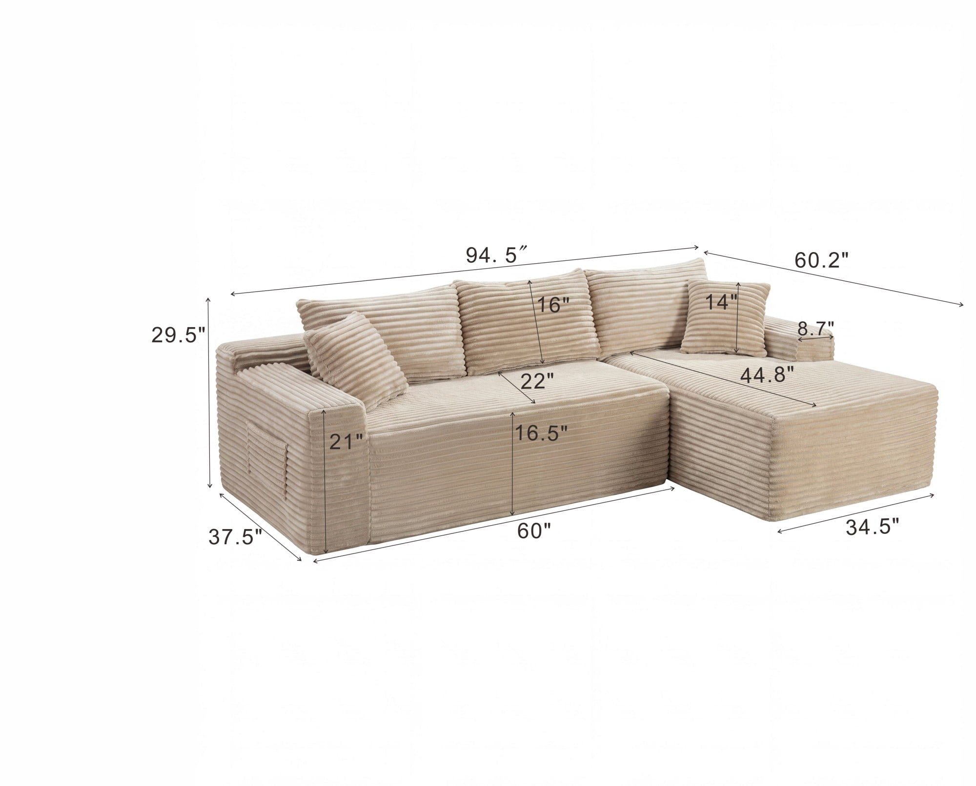 LLappuil 108 Sectional Sofa, Modular Sectional Couch with Left Chaise, Deep Seat Corduroy Cloud Sofa for Living Room Black