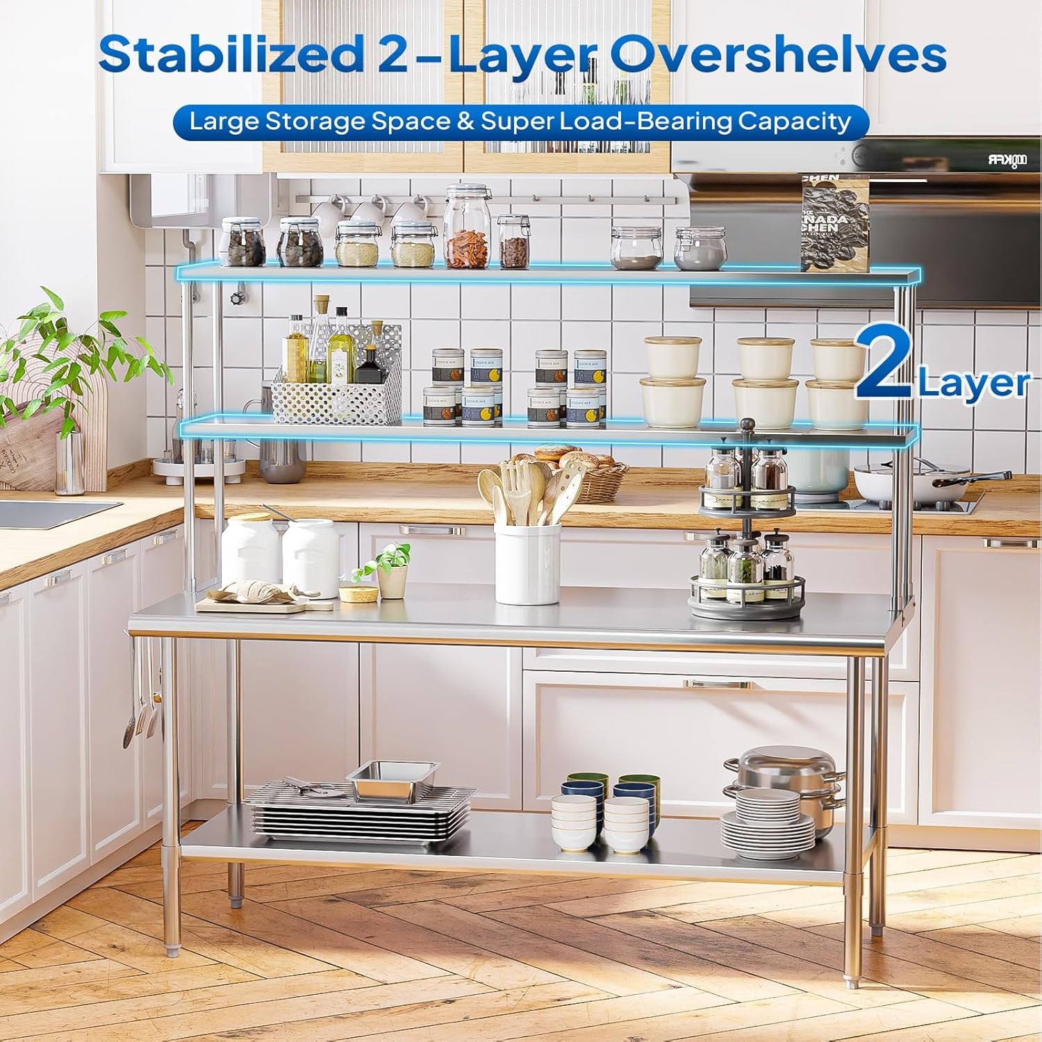 Ktaxon 72 x 30 Stainless Steel Workbench with Overshelves, NSF Commercial Heavy Duty Work Table with Adjustable Undershelf & Detachable Hooks