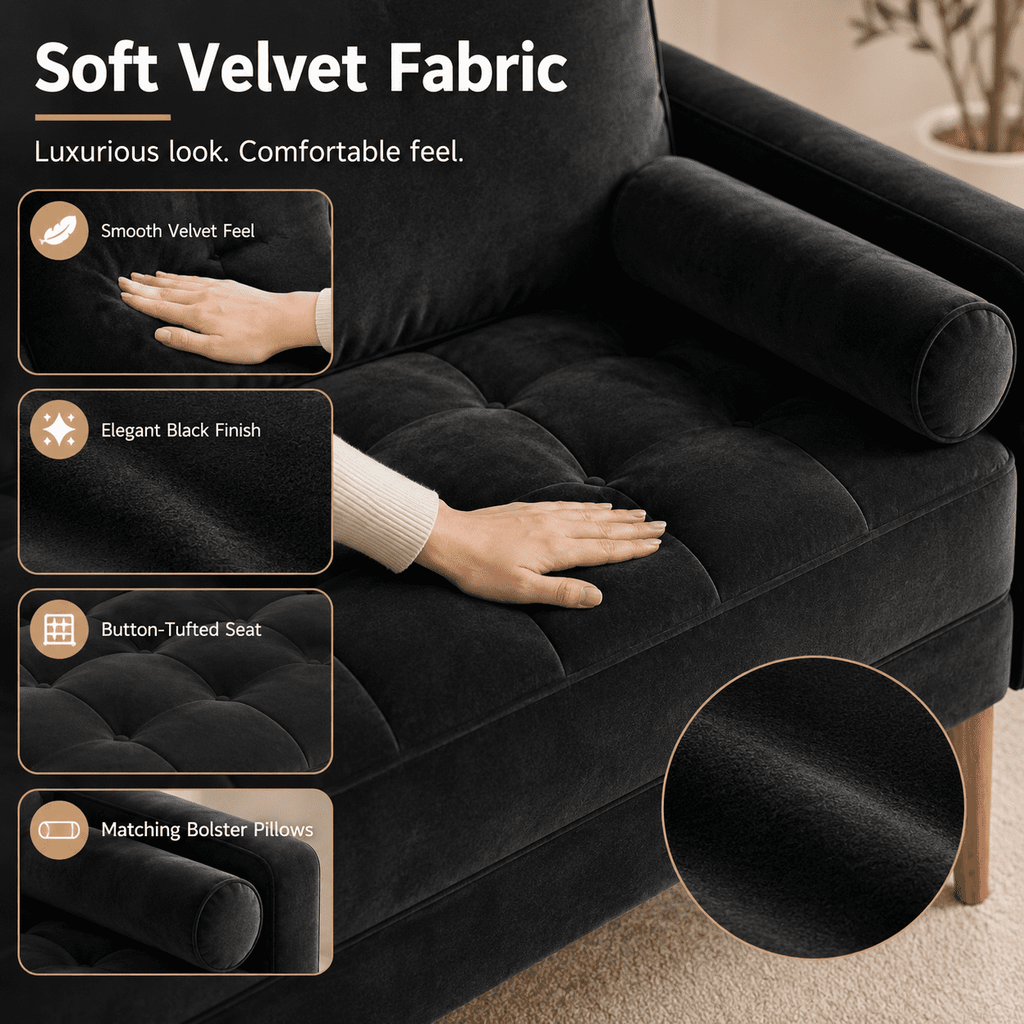Neche Sofa for Living Room,Solid Wood Foot, 2 Seater Small Modern Loveseat Couch in a Box  - Black