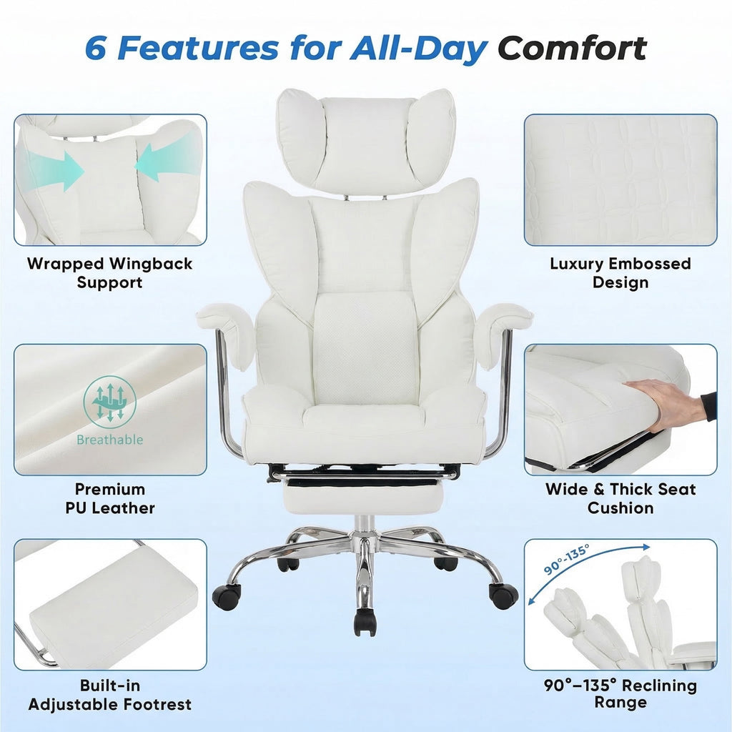 edx Executive Home Office Desk Chair, Ergonomic Big Tall High Back with Footrest & Lumbar Support, Reclining Comfy PU Leather Computer Gaming Chair with Swivel Wheels, Height Adjustable, Black