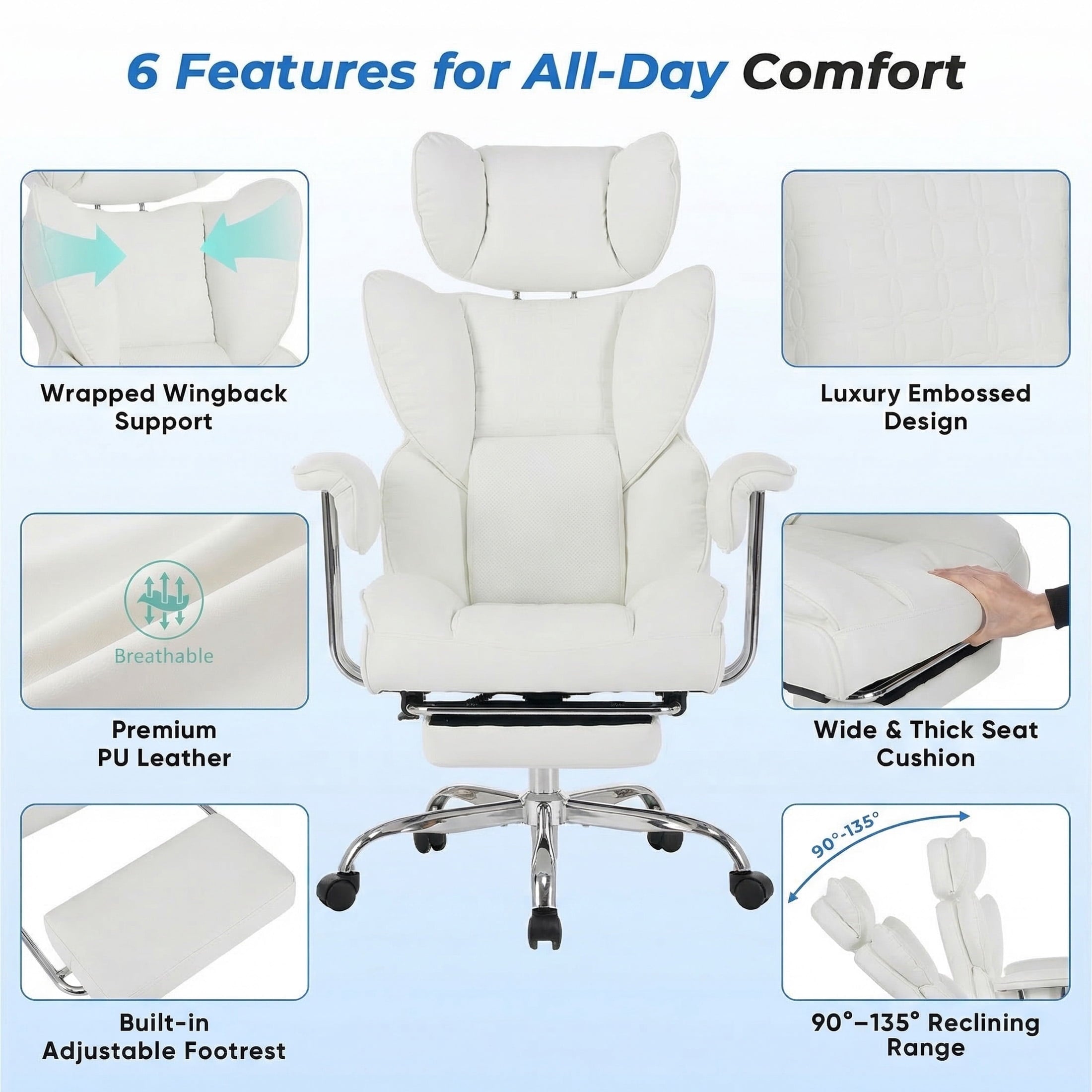 edx Executive Home Office Desk Chair, Ergonomic Big Tall High Back with Footrest & Lumbar Support, Reclining Comfy PU Leather Computer Gaming Chair with Swivel Wheels, Height Adjustable, Black