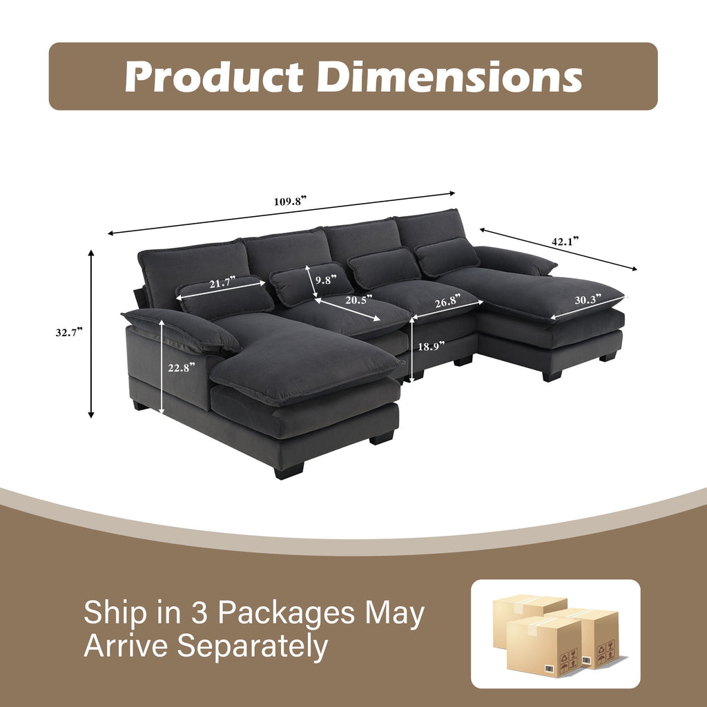 JONPONY109.45 U Shaped Couch,Oversized 4 Seat Sectional with 4 Waist Pillows, Convertible Upholstery Symmetrical Sofá,Sleeper Sofa Couch with Double Chaise Lounge &Memory Foam for Living Room, Beige