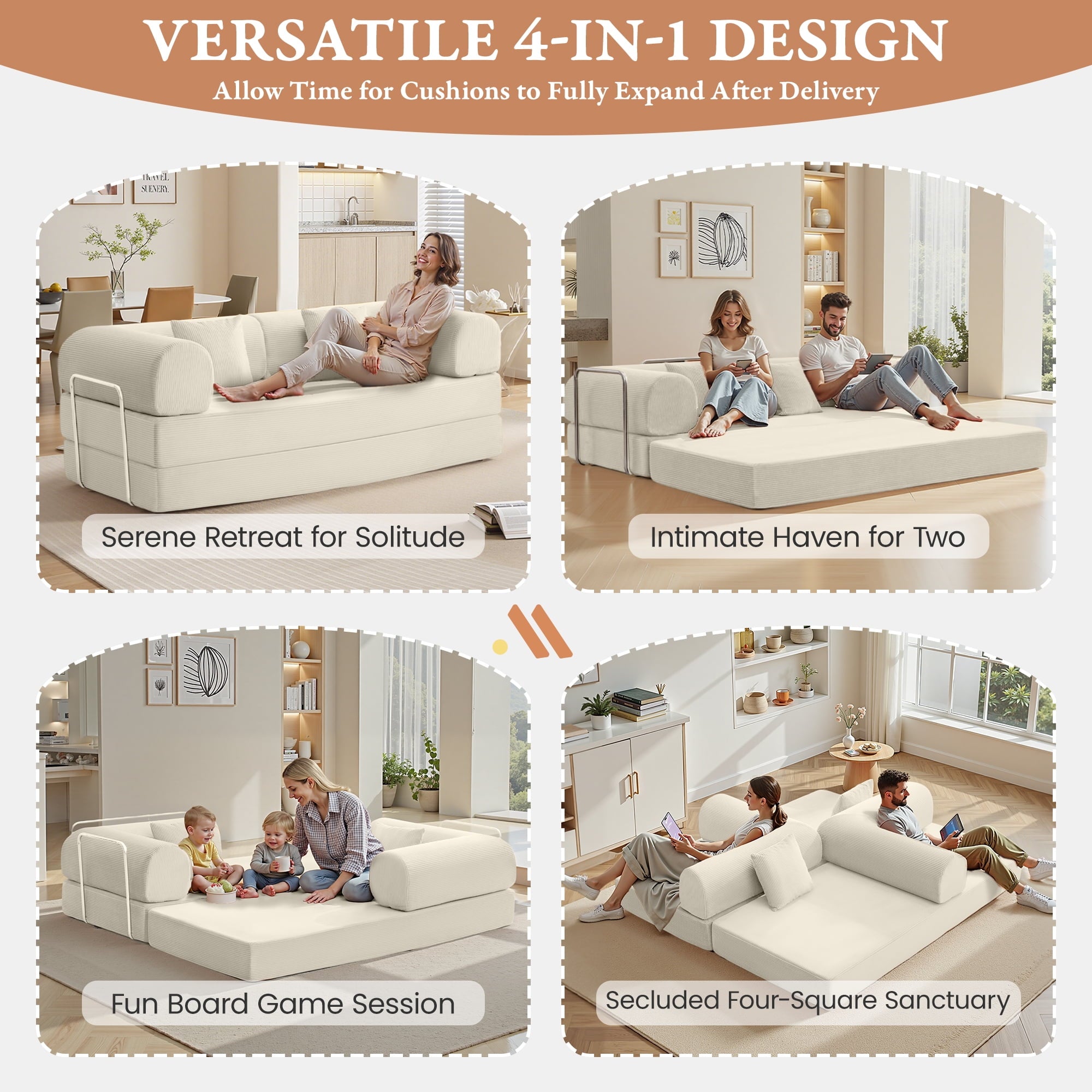 COOLHUT 63 W Combination Sofa, High Rebound Density Foam Sofa Couch, Two Forms Floor Couch Three Seats Sofa Bed for Living Room, Bedroom, Green