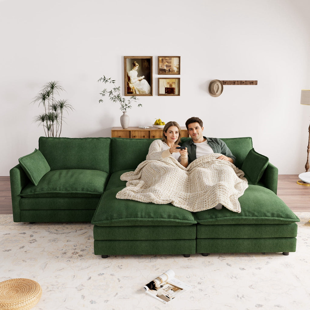 Muumblus Sectional Sofa Cloud Couch with Reversible Ottoman, L-Shaped Chenille Sofa for Living Rooms, Beige