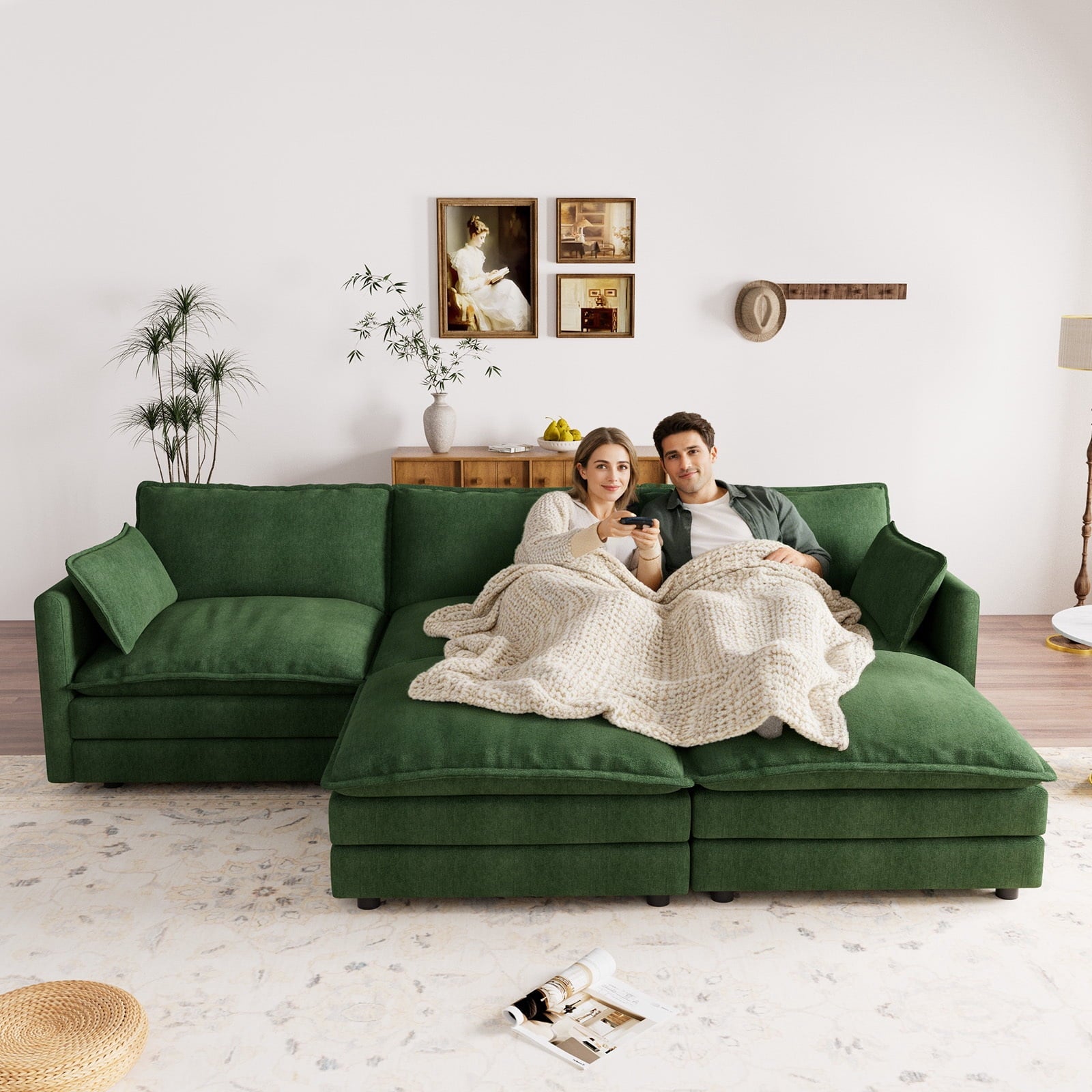 Muumblus Sectional Sofa Cloud Couch with Reversible Ottoman, L-Shaped Chenille Sofa for Living Rooms, Beige