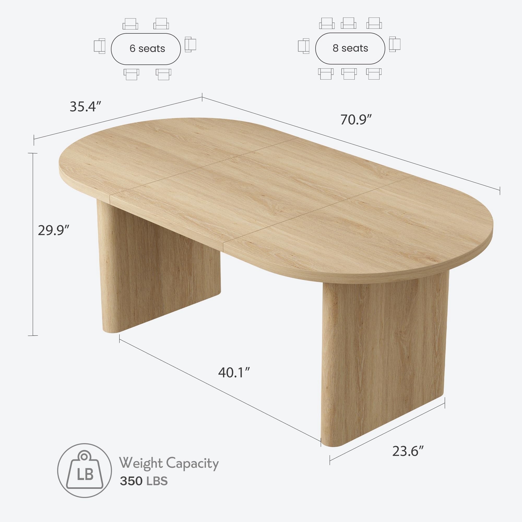 70.8 Inch Oval Farmhouse Dining Table for 6-8 People, Long Large Kitchen Table with Thick Sturdy Wooden Base-Natural