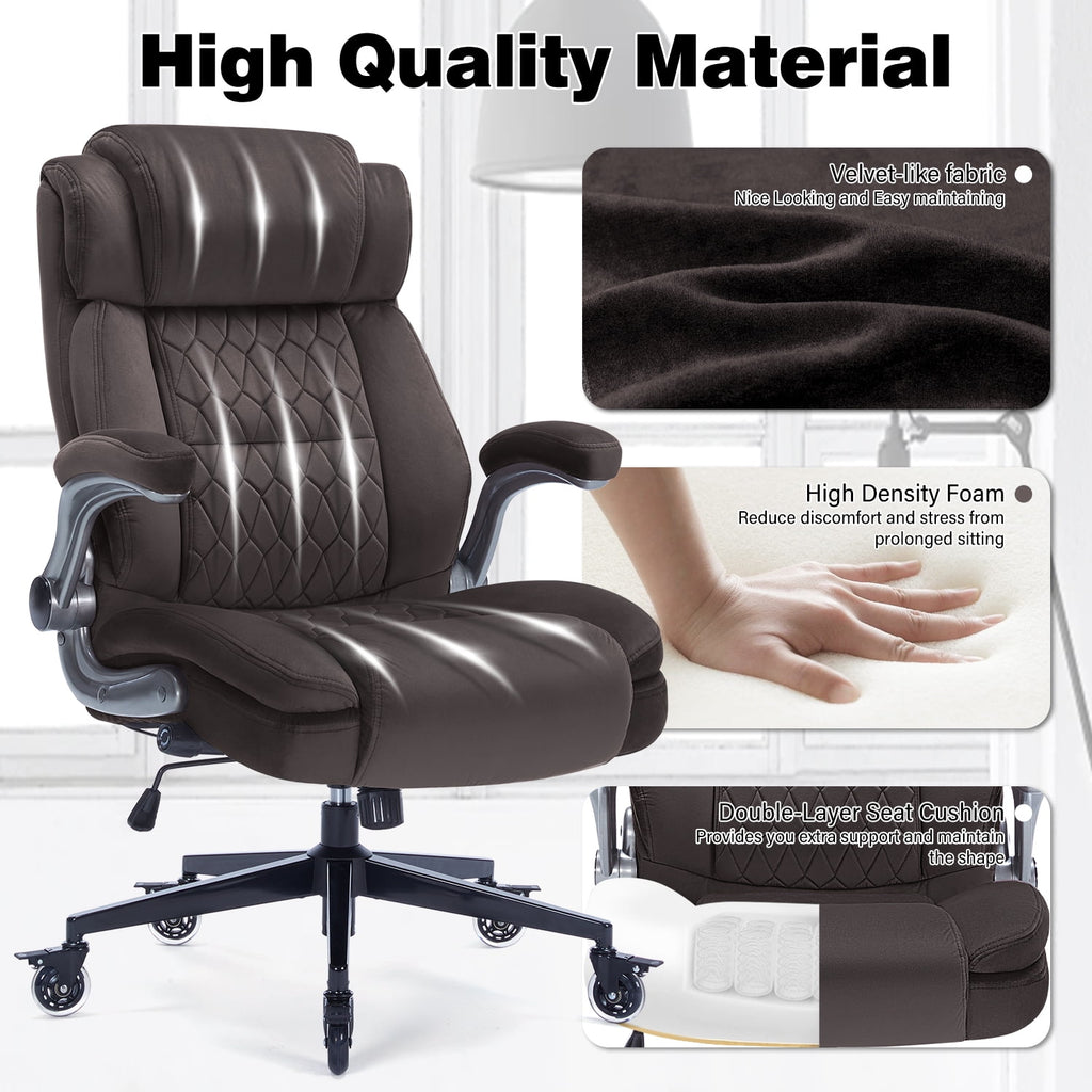 High Back Office Chair with Lockable Wheels, 400lbs Large Fabric Executive Desk Chair, Adjustable Lumbar Support Flip up Arms, Ergonomic Home Office Computer Chair with Storage Pocket, Black