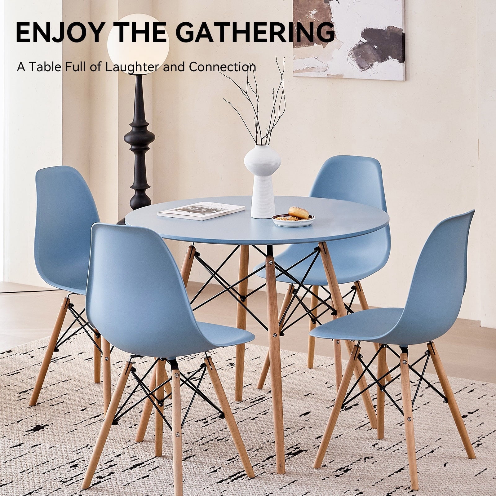 5-Piece 35.5'' Round Dining Table Set for 4, Kitchen Table Chair Set of 4, Mid-Century Modern Dinette Dining Room Table Set Dinner Table for 4 W/Solid Wood Legs, White