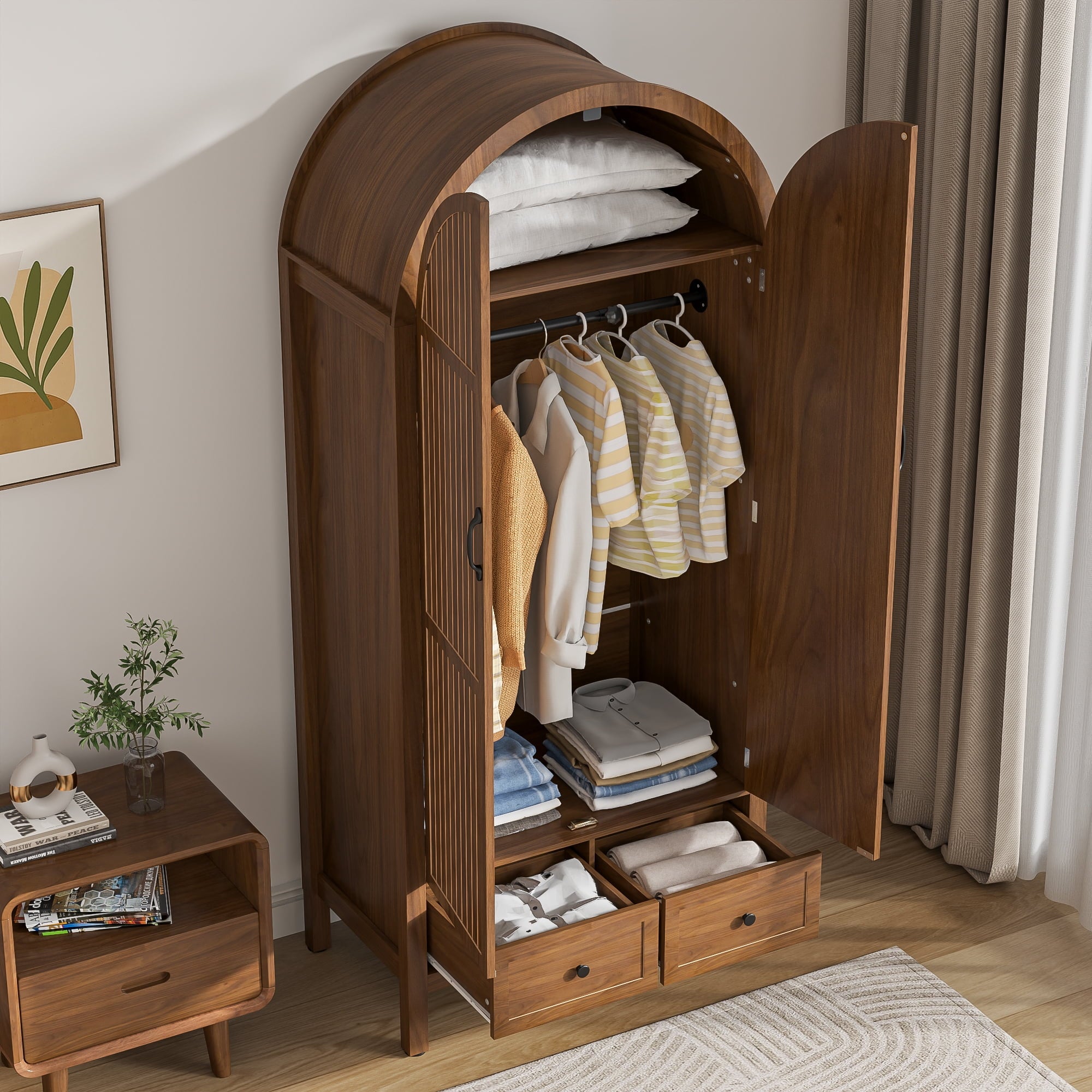 Armoire Wardrobe Closet, Wardrobe Cabinet with Drawers and Hanging Rod, Wooden Armoire Closet for Bedroom, Walnut