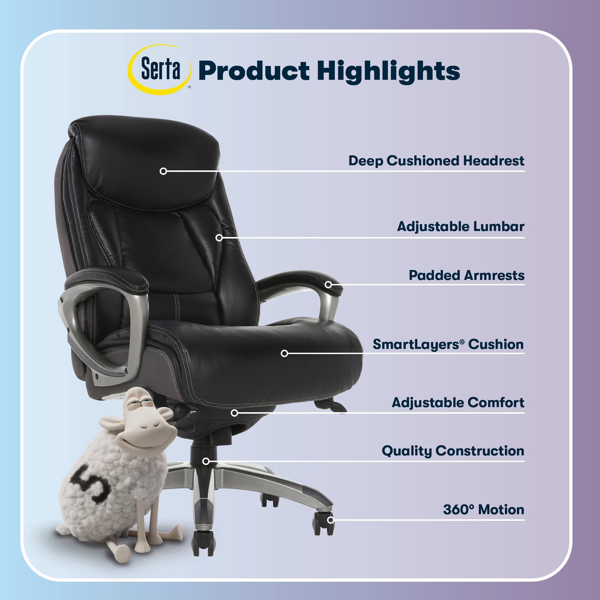 Serta Lautner Executive Home Office Desk Chair, Ergonomic High-Back with Adjustable Lumbar and Body Pillows, SmartLayers and ComfortCoils Technology, Mesh and Bonded Leather, Black and Gray