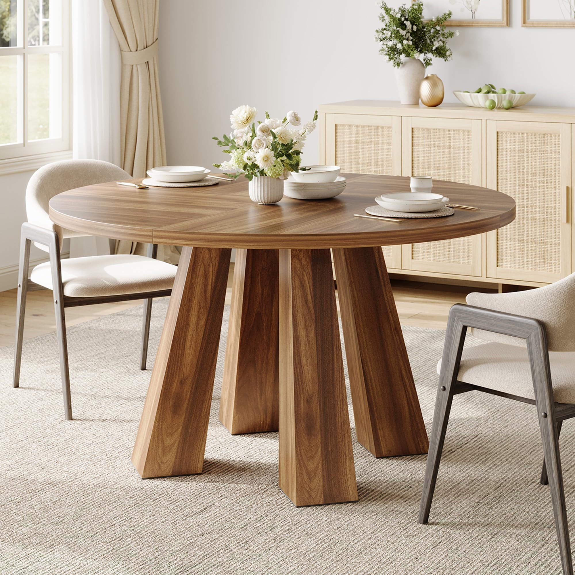 47 Round Farmhouse Dining Table for 4 | Sturdy Kitchen Table & Breakfast Nook Centerpiece Space-Saving Design for Dining Room (Table Only)