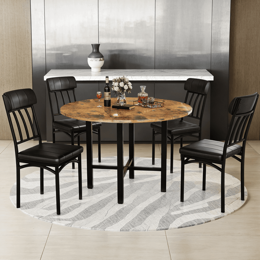 Lamerge Round Dining Table Set for 4,Wood Round Kitchen Table and Chairs Set for 4,Modern Dining Room Table Set with 4 Faux Leather Chairs,Round Dinner Table for Small Space,Brown