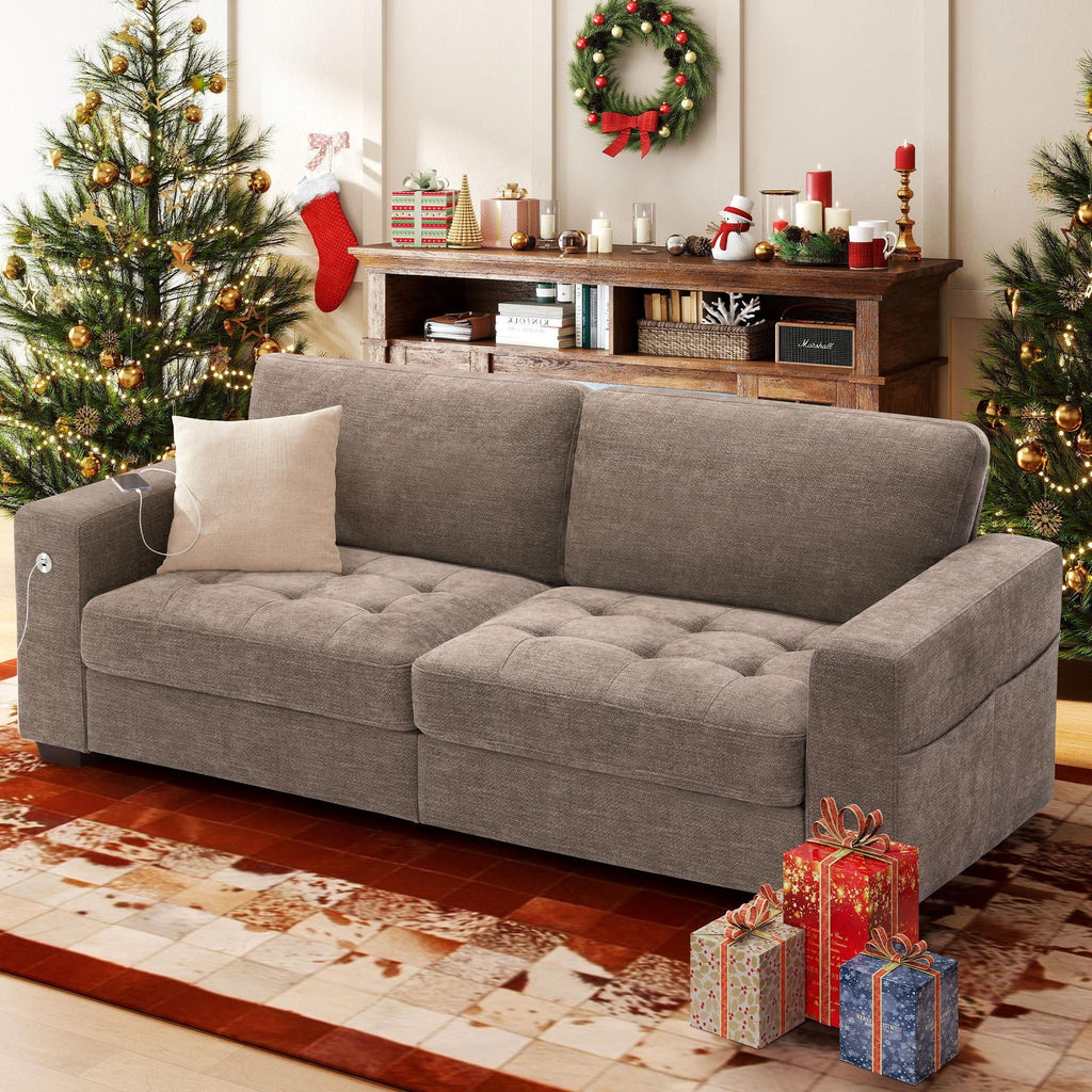 Bedluxury 89 Deep Sofa Couch with USB/Type-C Charging, Storage Pocket & Wide Armrest, Removable Cover, Seats 3 Adults, Chenille Beige