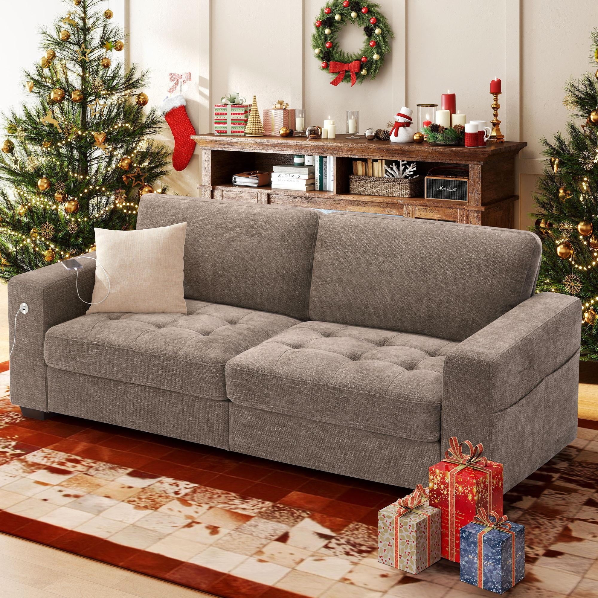 Bedluxury 89 Deep Sofa Couch with USB/Type-C Charging, Storage Pocket & Wide Armrest, Removable Cover, Seats 3 Adults, Chenille Beige