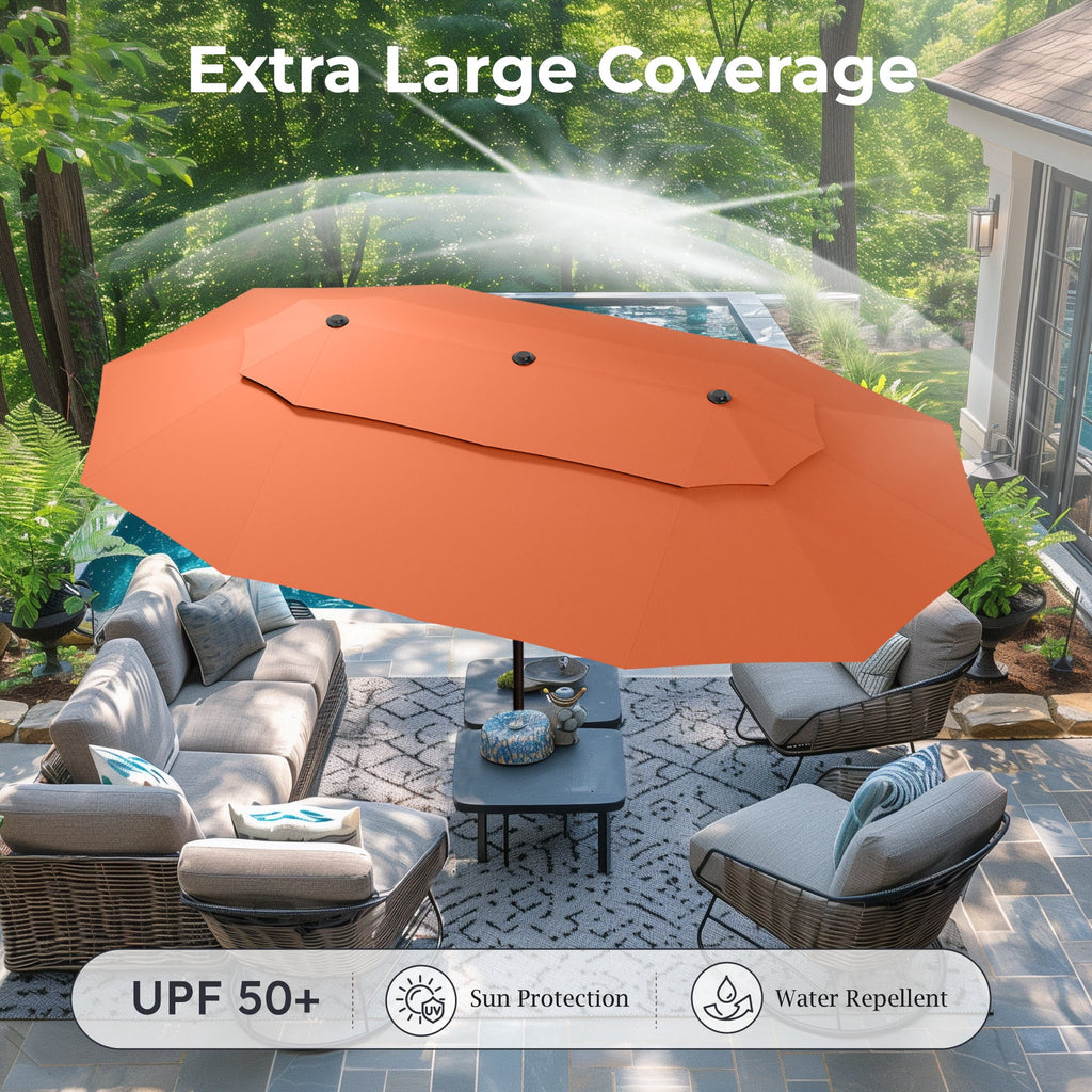 Alpha Joy 15ft Dual-Layer Outdoor Patio Umbrella Extra-Large Double-Sided Garden Umbrella with Ventilation and Base - Beige