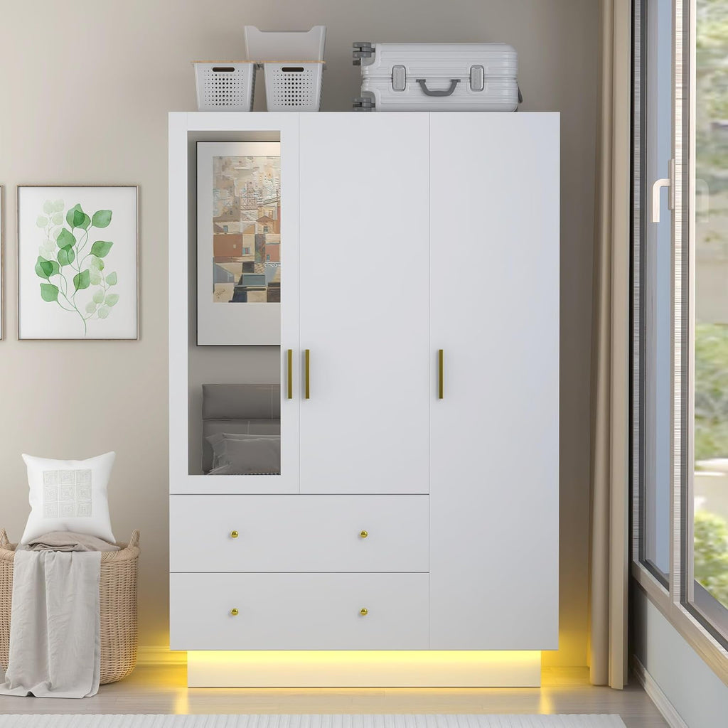 Blotout 70 Armoire Wardrobe Closet with Mirror, LED Wardrobe Armoire with 2 Drawers, 3 Door Wood Armoire Storage with Hanging Rods and Multi-Layer Shelves