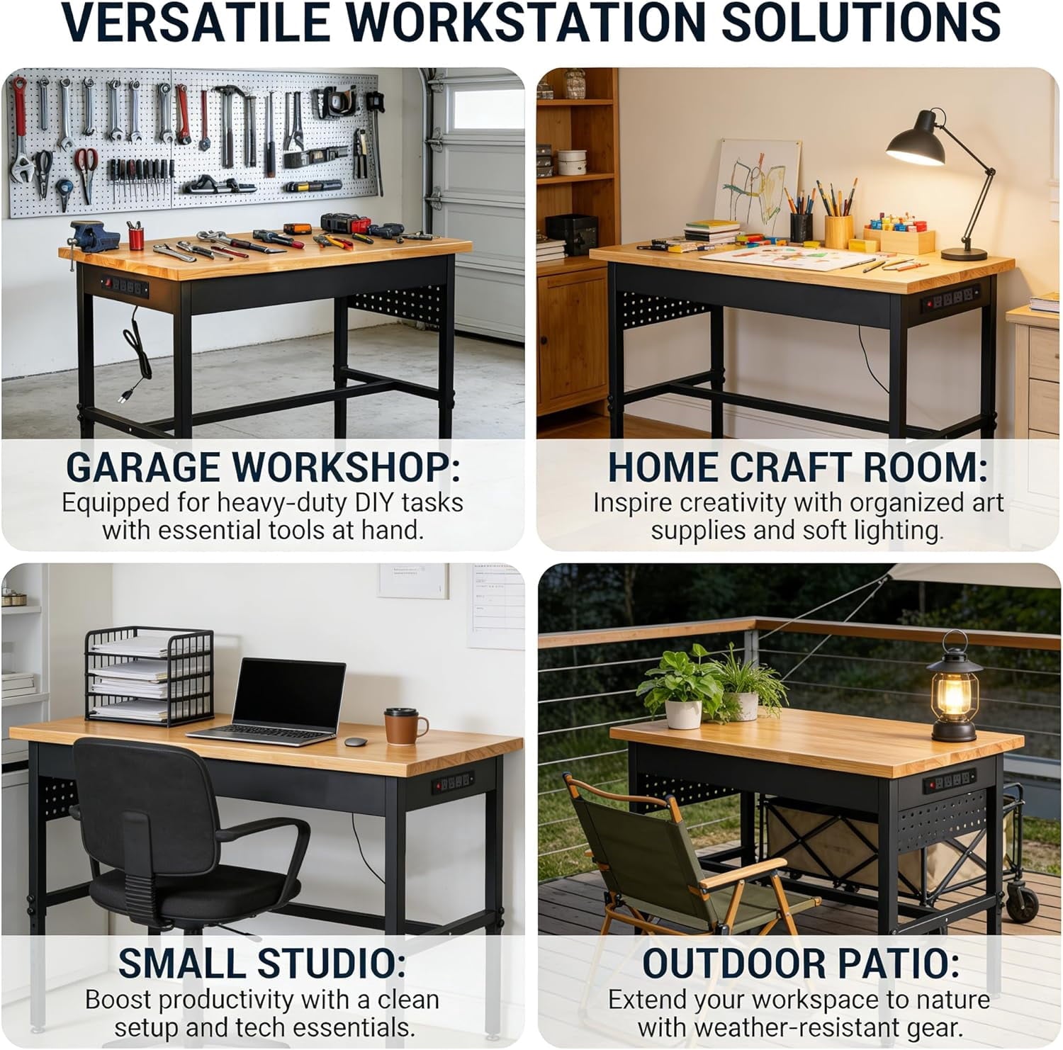 60 Inch Adjustable Workbench with Power Outlet, 2500 LBS Heavy Duty Double-Layer Workbench with Hardwood Top, 6-Level Height Adjustable Garage Work Table with Wheels, Rolling Workstation for Workshop