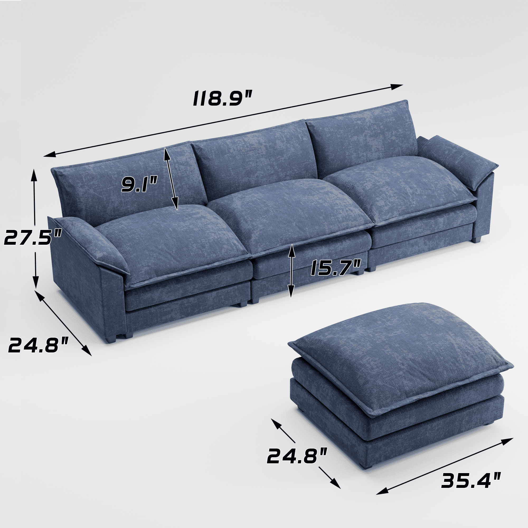 Homall 3-seat L-shaped Cloud Couch Sectional Sofa with reversible toffee chair Movable Footrest Sofa, Gray