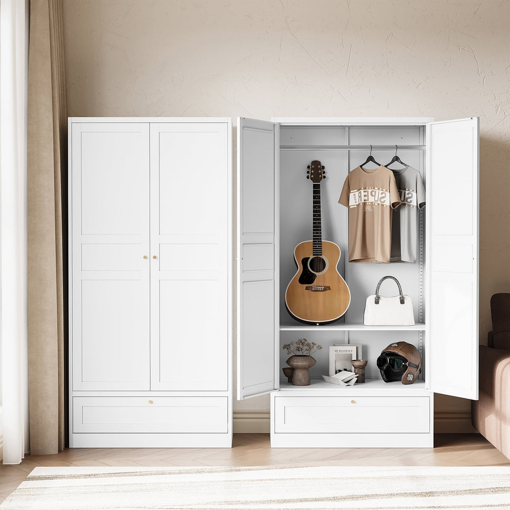 STANI Metal Wardrobe Closet with Hanging Rod, 72 White Armoire Wardrobe Cabinet with Adjustable Shelves, Clothes Storage Organizer Cabinets for Bedroom, Bathroom, Office