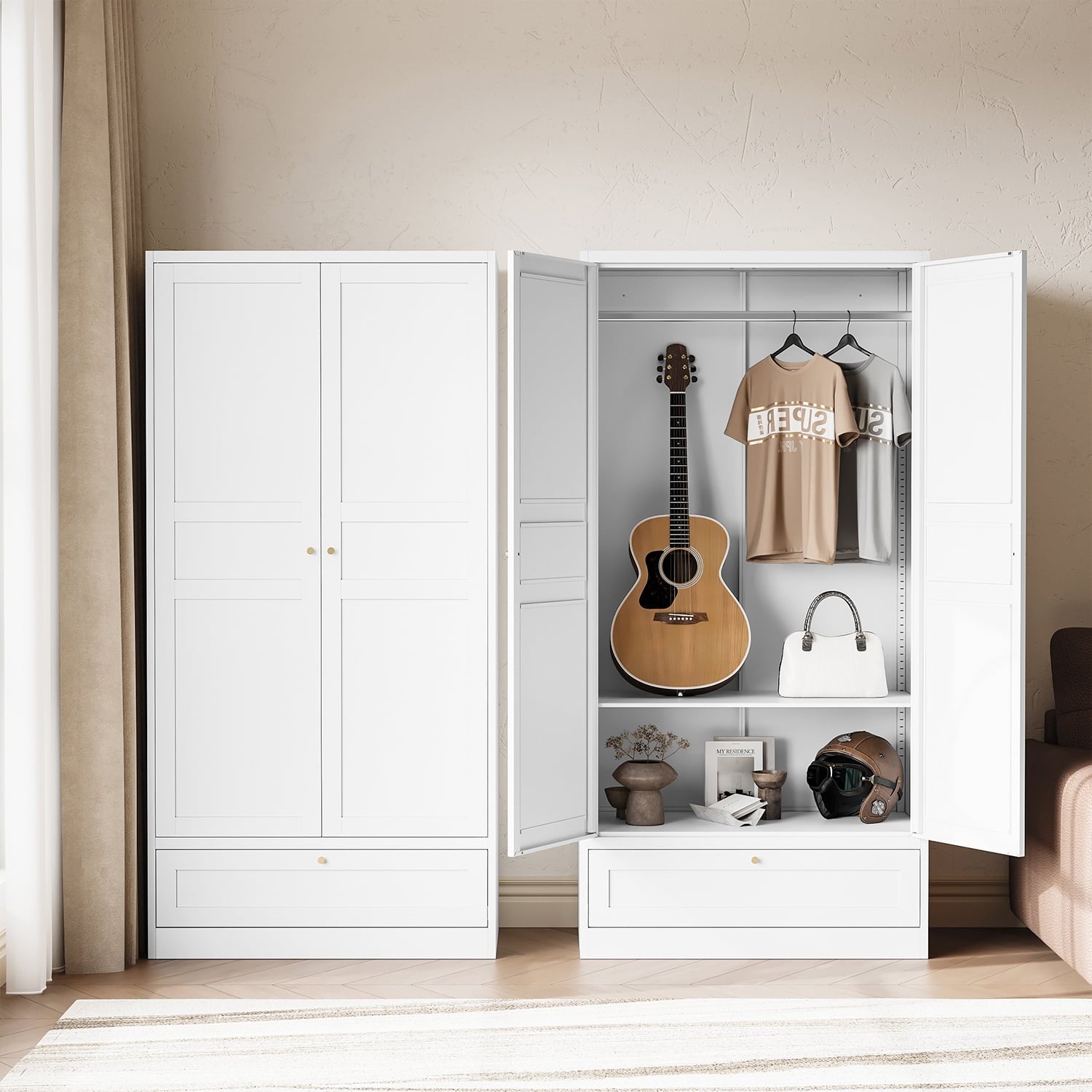 STANI Metal Wardrobe Closet with Hanging Rod, 72 White Armoire Wardrobe Cabinet with Adjustable Shelves, Clothes Storage Organizer Cabinets for Bedroom, Bathroom, Office