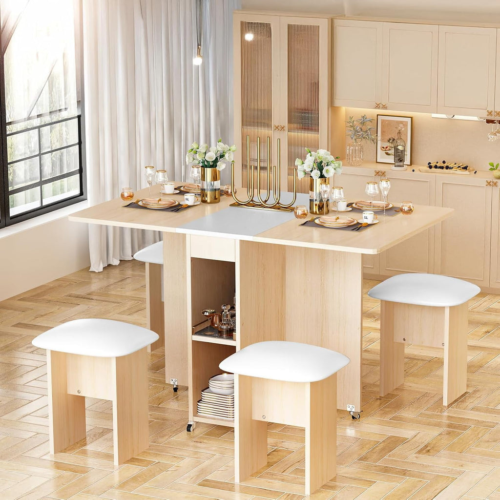 MIERES Folding Dining Table Set for 4, Dinner Table with 4 Leather Chairs and Shelves, Space Saving Foldable Dining Table with 6 Wheels, Kitchen Table for Small Spaces (Grey)