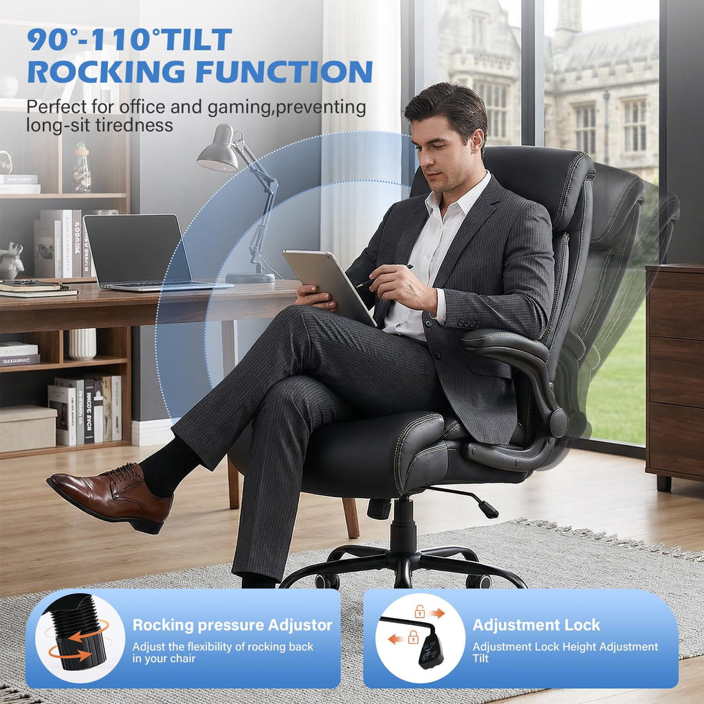 JONPONY Leather Office Chair, Big and Tall Office Chair 400LBS Wide Seat Ergonomic Computer Desk Chair High Back Executive Leather Chair Adjustable Task Chair Lumbar Back with 1-Year Warranty, Black