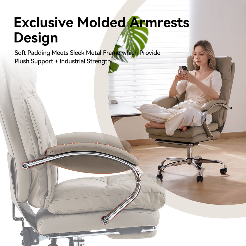 LEAGOO Reclining Office Chair with Foot Rest, Executive Office Chairs with Arms, Ergonomic High Back PU Leather Comfy Swivel Computer Desk Chairs with Wheels and Lumbar Support for Home Office, White