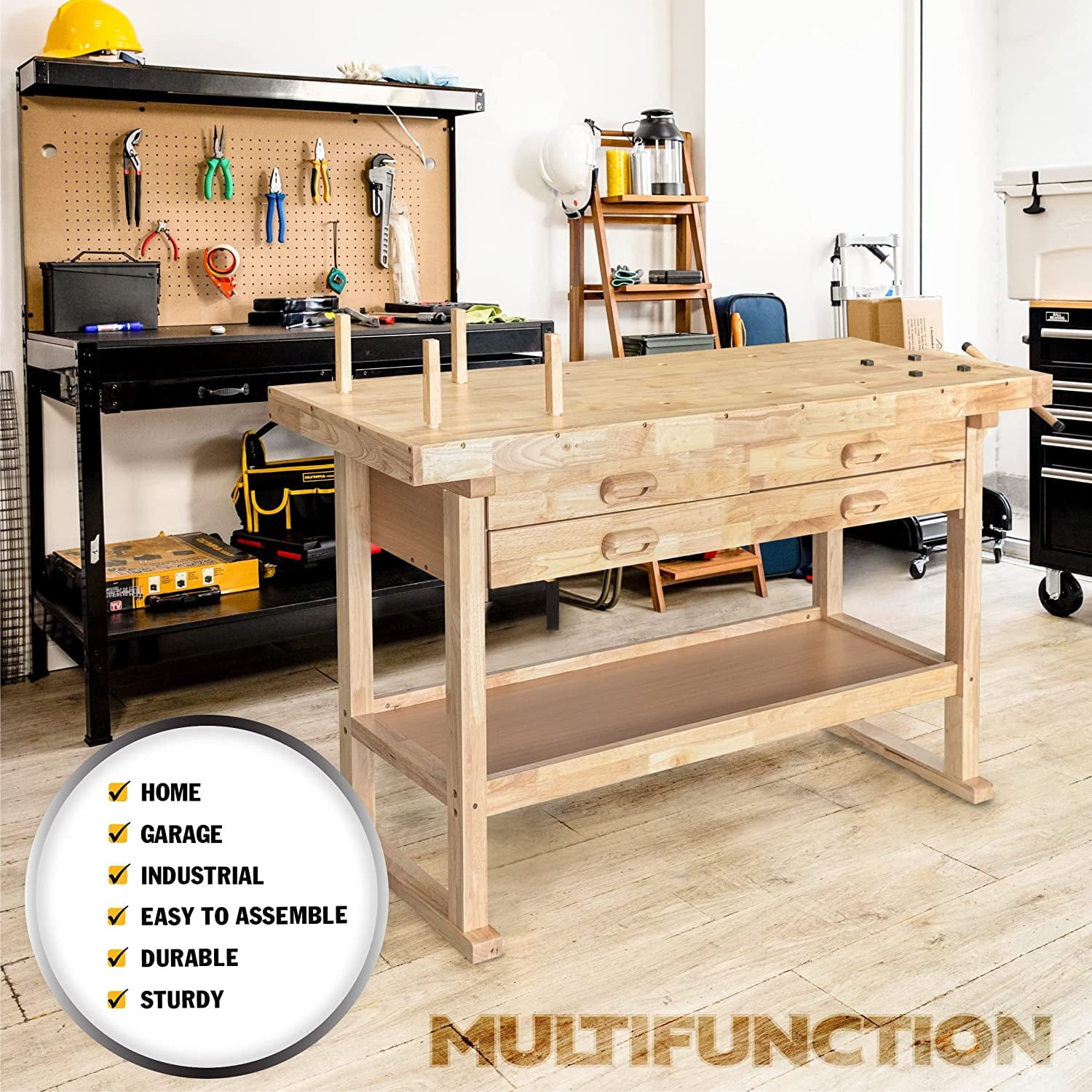 Olympia Tools 48-inch Wood Workbench - 330 lbs Weight Capacity Wooden Workbench for Garage, Workshop and Home - Acacia Woodworking Bench