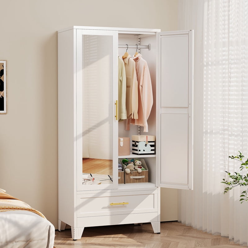 Ero Metal Freestanding Armoire Wardrobe Closet with Hanging Rod and Mirror
