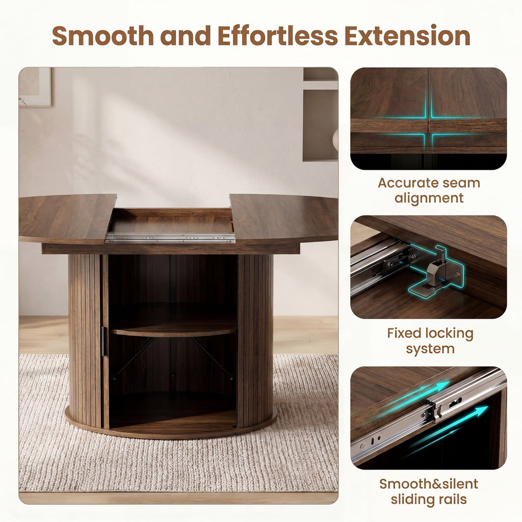 EOP 47″- 63″ Extendable Round Dining Table for 4-6, Wooden Kitchen Table with Hidden Storage and Fluted Sliding Door Cabinet, Modern Space-Saving Table for Dining Room Kitchen, Natural Wood