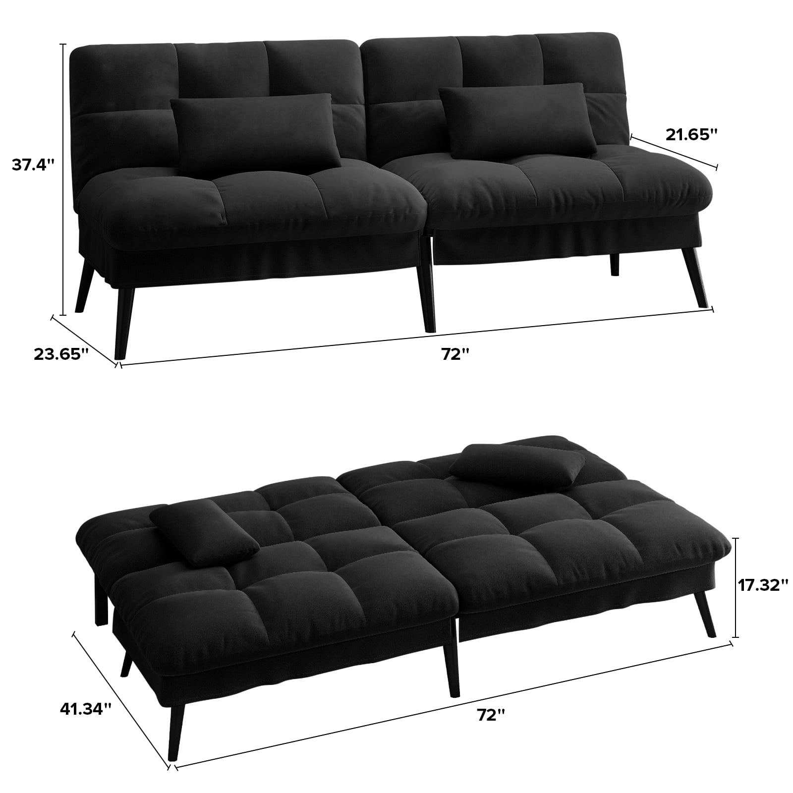 CloudRest Pro 72 Modern Convertible Futon Sofa Bed, Upholstered Futon Couch with 5 Adjustable Backrest Angles,Suitable for Apartment,Living Room,Black