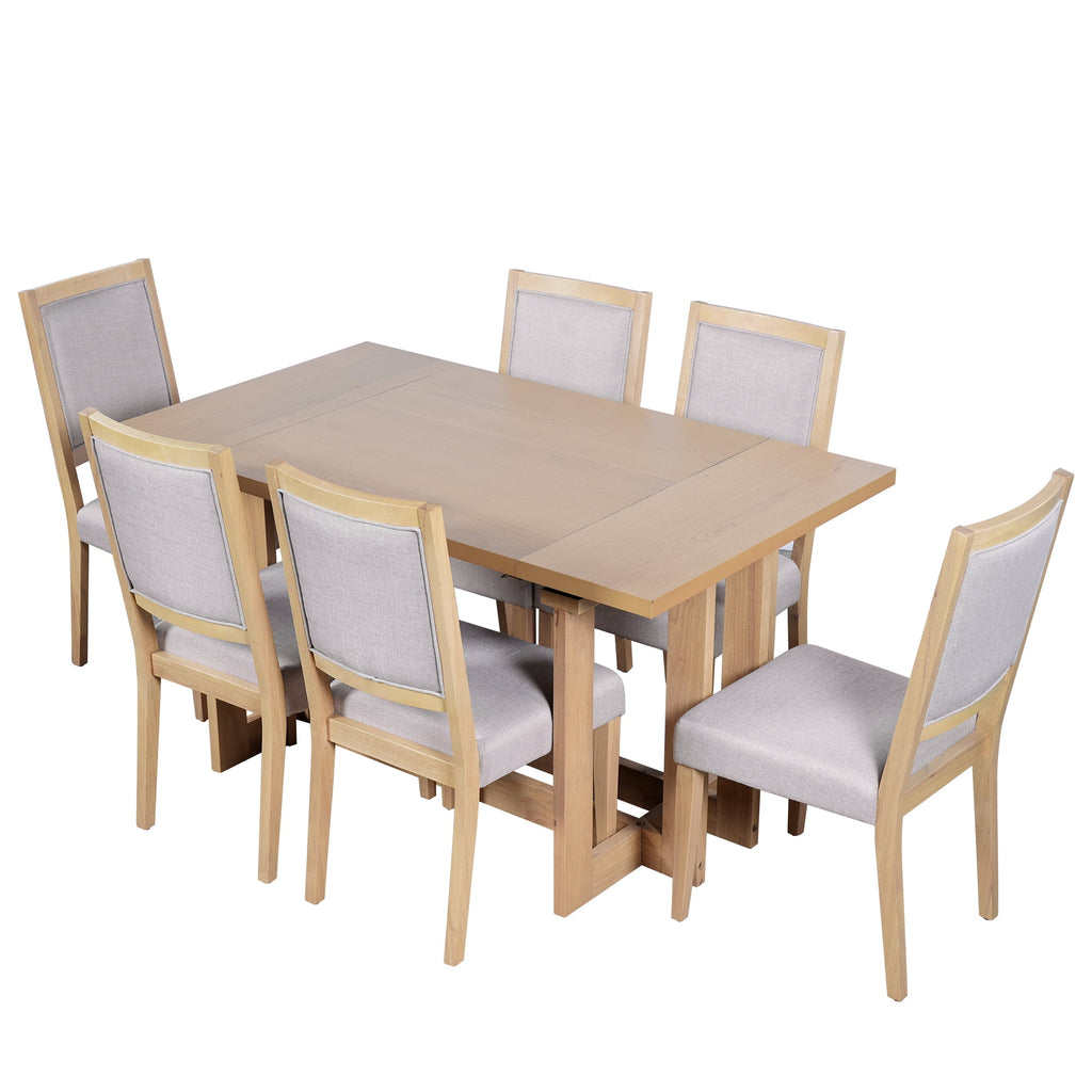 Harper & Bright Designs 7 Pieces Retro Dining Set for 6, Wood Rectangular Table with Designed Trestle Base and 6 Upholstered Chairs for Dining Room and Kitchen, Grey