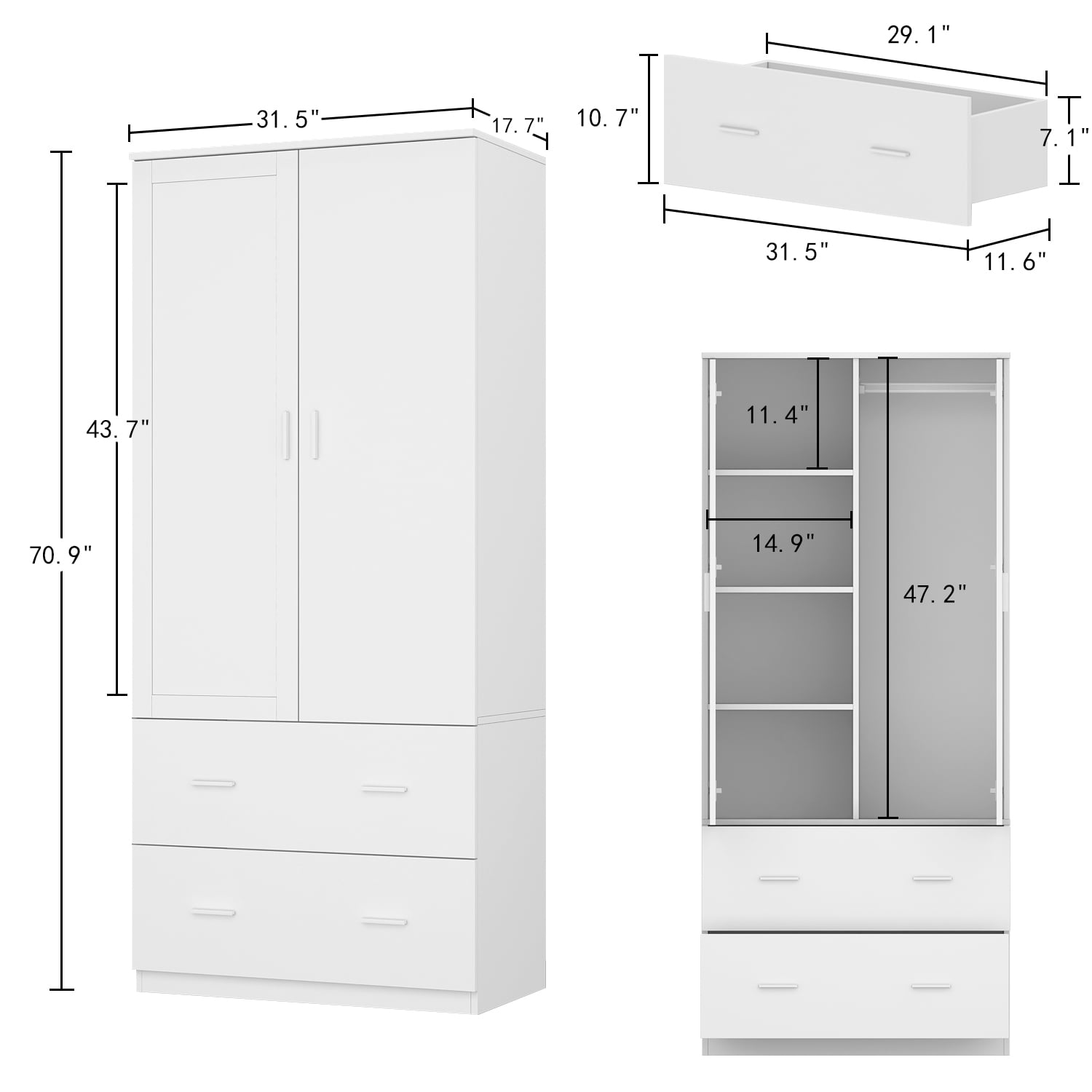 Wiawg 2 Door Wardrobe Armoire,Mirrored Closet Storage with Drawers and Shelves,White