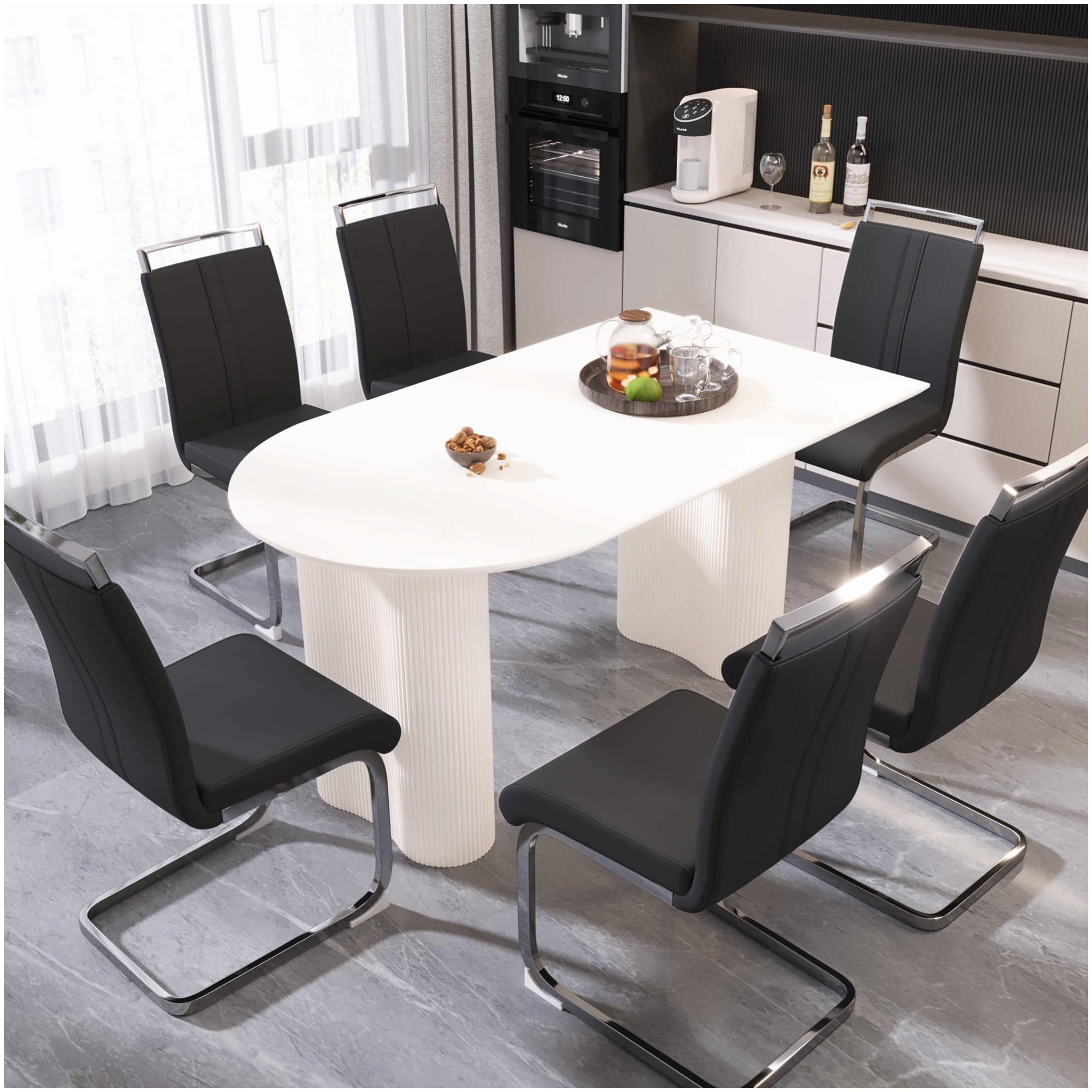 Modern Farmhouse Dining Set, 7-PC Cream Table & Black PU Chair Combo, Silver Metal Base, for Kitchen & Dining Room