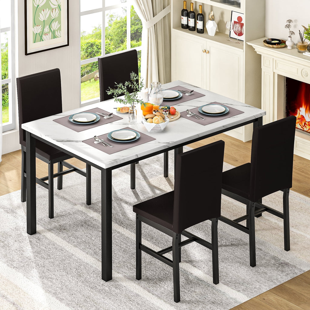 AWQM 5 Piece Dining Table Set, Faux Marble Kitchen Table and Chairs for 4, Dining Room Table Set with 4 PU Leather Chairs, White