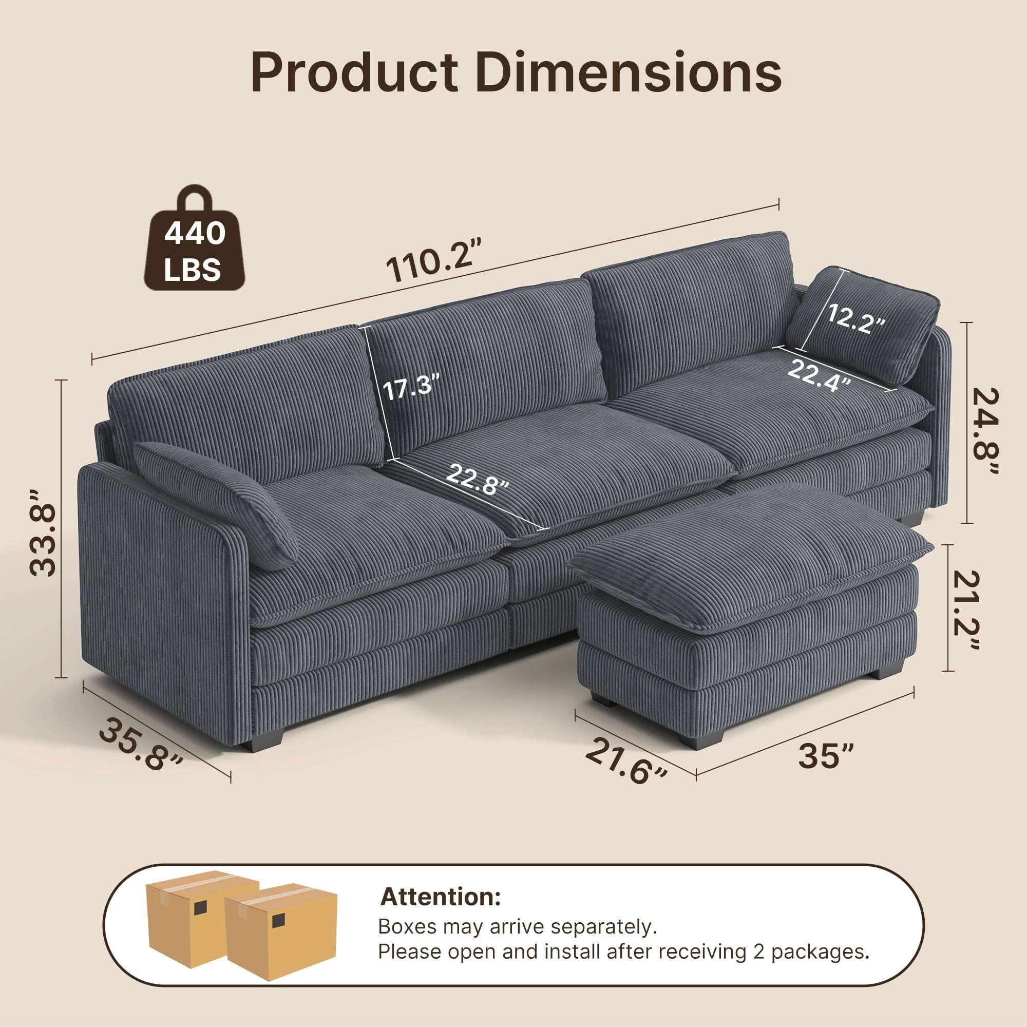 Sofa, L-Shaped Sofa Couch with Deep Seat and Movable Footrest Sofa for Office|Living Room, Gray
