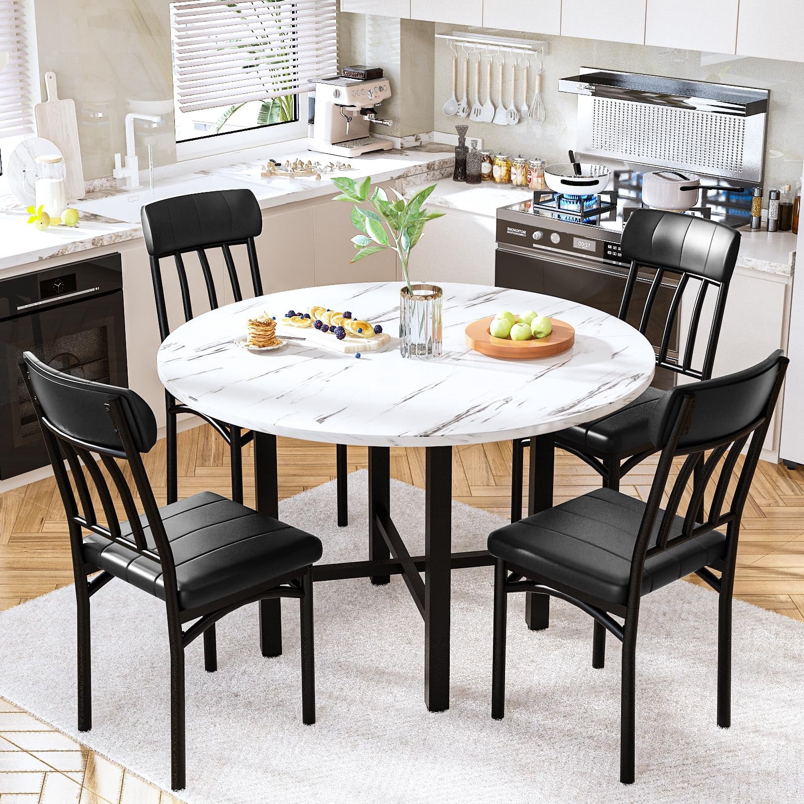MOOSENG Round Dining Table Set for 4,Faux Marble Circle Dining Table Set with Chairs,Modern Kitchen Table and Chairs Set for 4,Round Dinner Table & Chair Set for Small Space