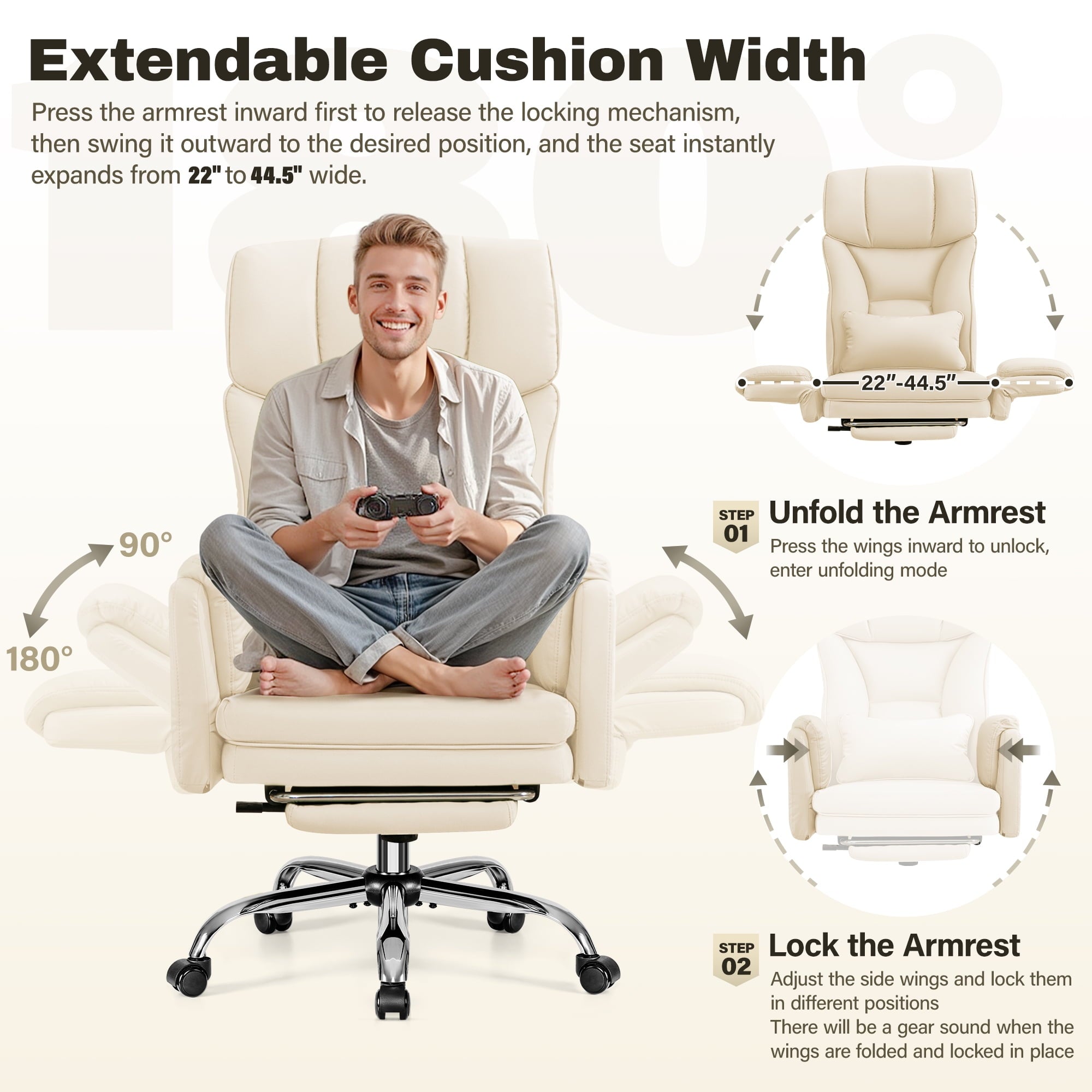 Primy Cross Legged Office Chair with Footrest & Convertible Armrests, 500LBS Capacity Home Desk Chair, Ergonomic Recliner with Lumbar Pillow, Criss Cross Design, Big and Tall Executive Chair