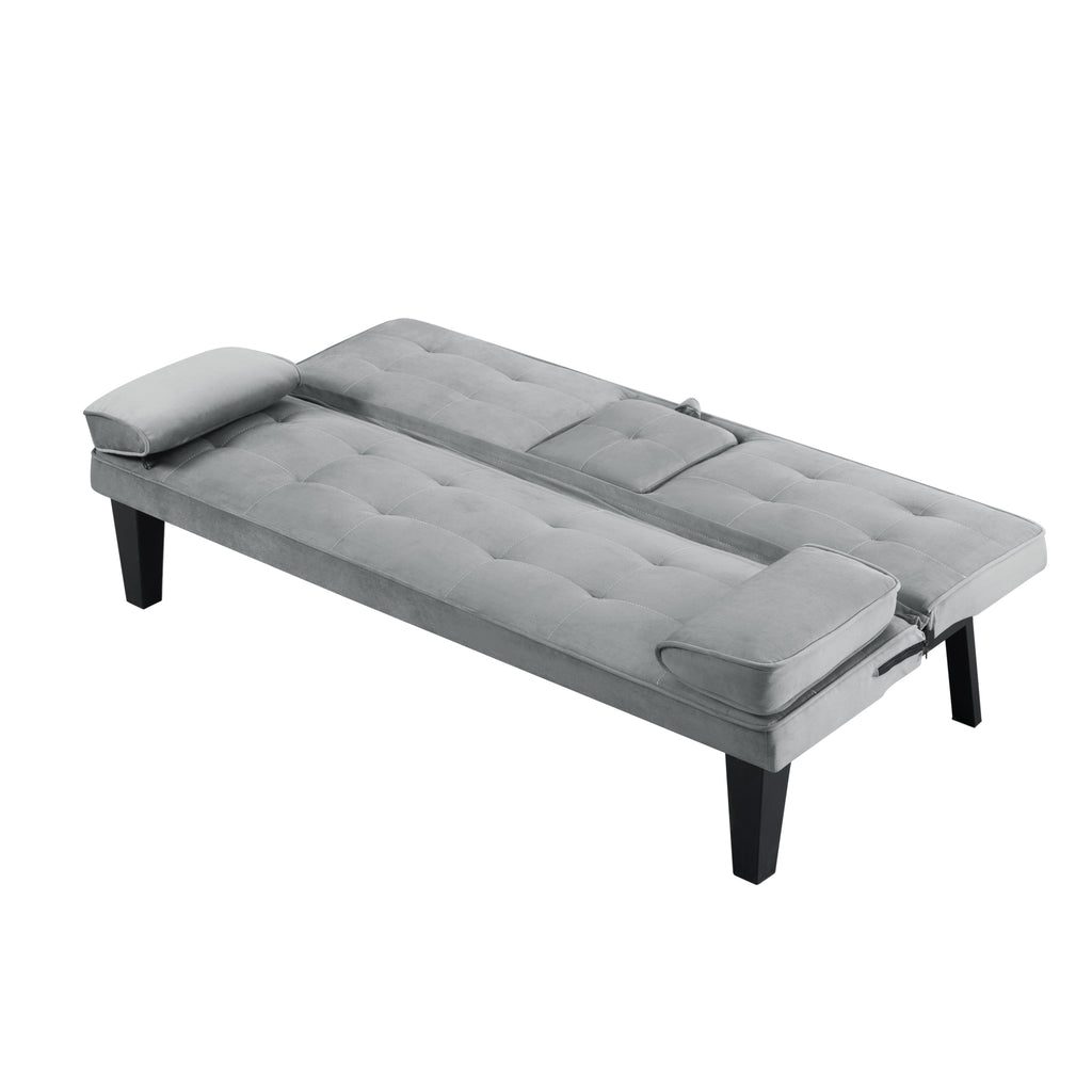 BSHTI 65 Modern Velvet Futon Sofa Bed with Drop Down Cup Holders, 3-Position Adjustable Backrest, Removable Arm Cushions, Chrome Legs for Living Room & Guest Room Black